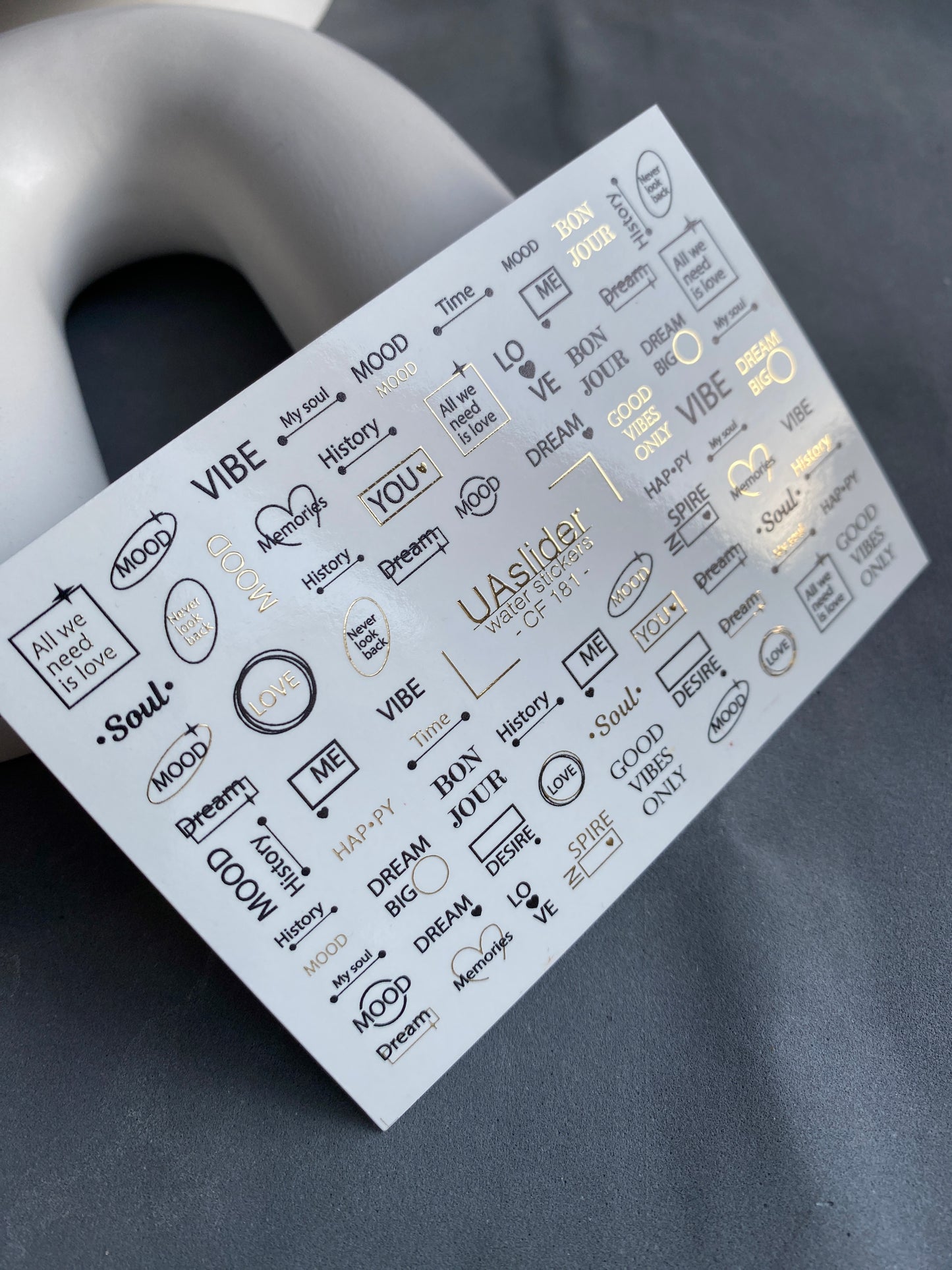 Nail Water Decal CF-181 | Minimalist Nail Water Decals | Typography & Quotes in Black and Gold