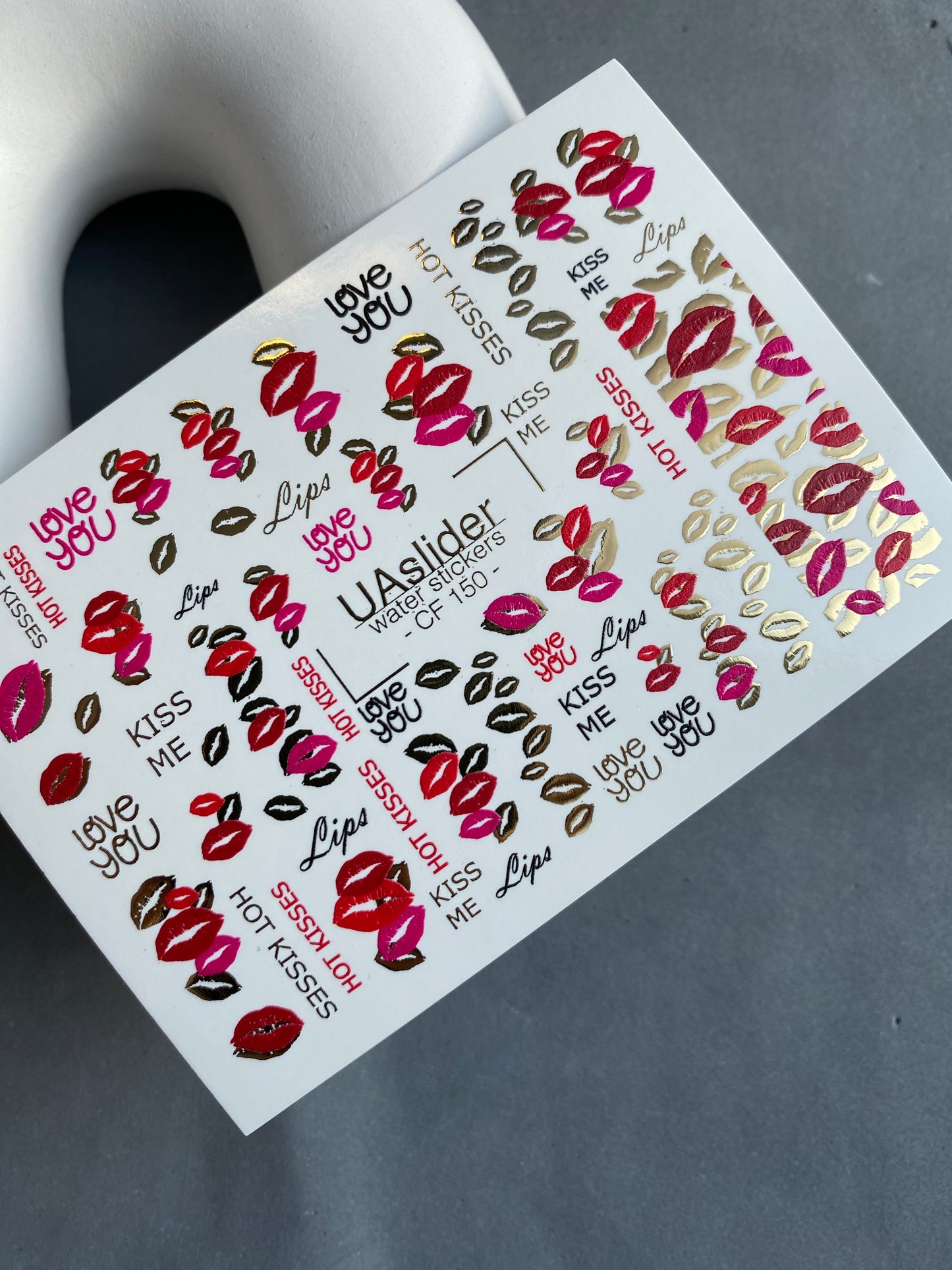 Nail Water Decal CF-150 | Kiss Print Water Slide Nail Decals | Red Lips, Love Quotes & Gold Foil