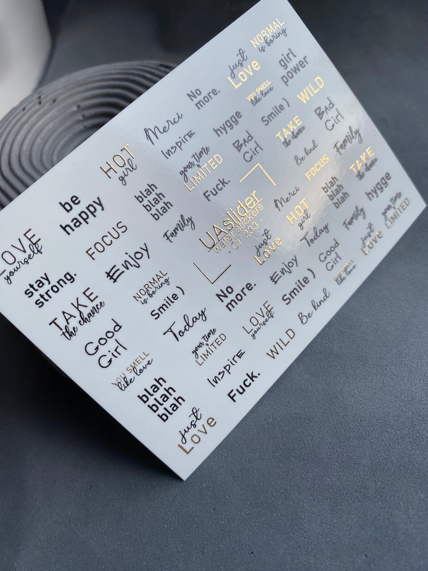 Nail Water Decal CF-233 | Minimalist Lettering Water Slide Nail Decals | Modern Quotes & Gold Details