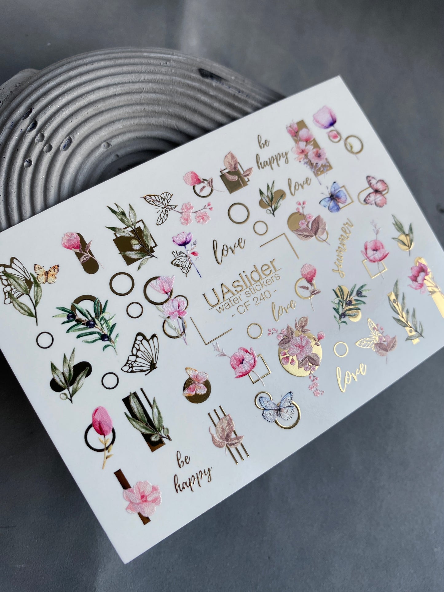 Nail Water Decal CF-240 | Floral Water Slide Nail Decals | Pink Flowers, Butterflies & Gold Geometry