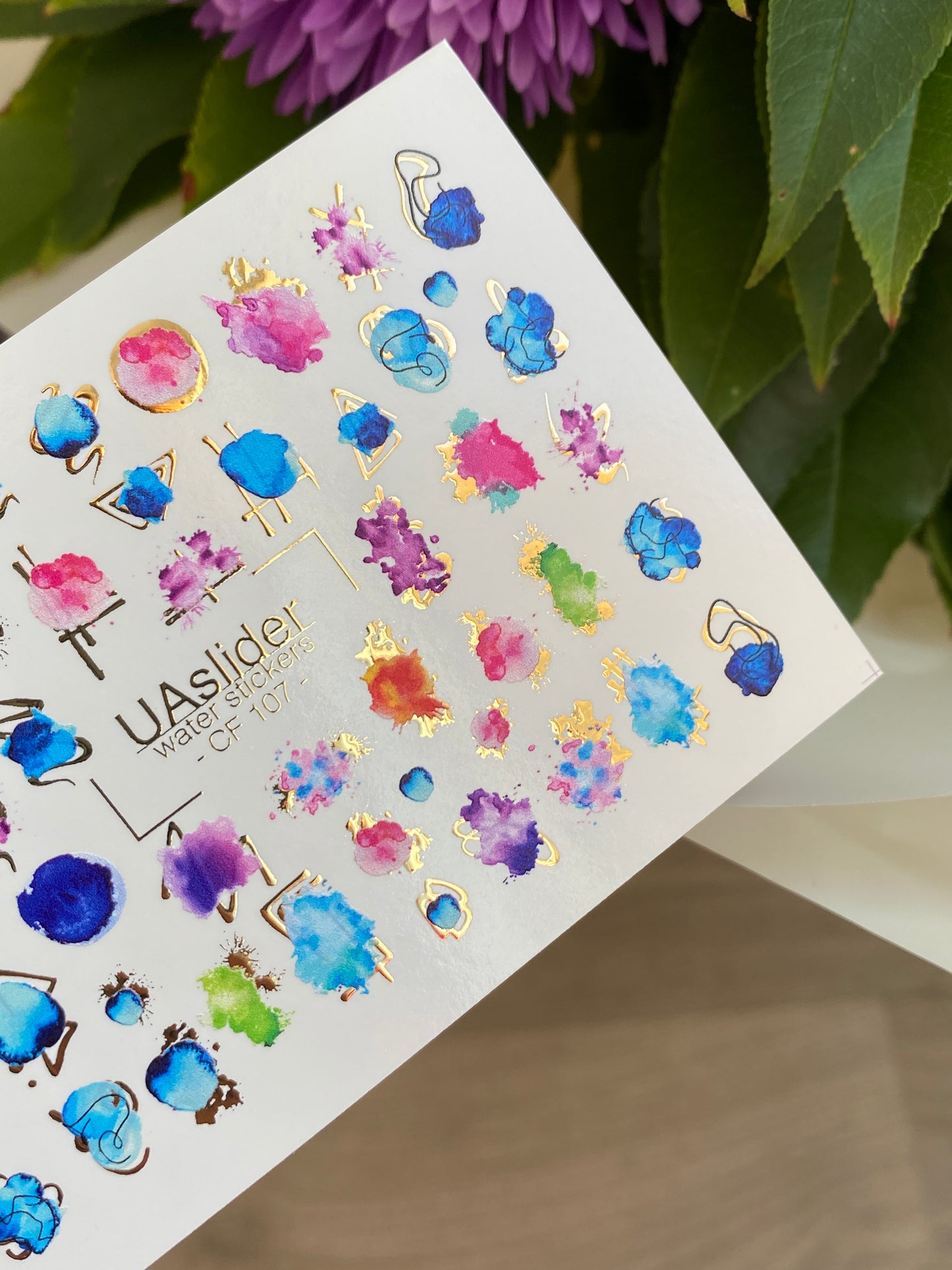 Nail Water Decal CF-107 | Abstract Water Slide Nail Decals | Color Splash, Watercolor Spots & Gold Accents