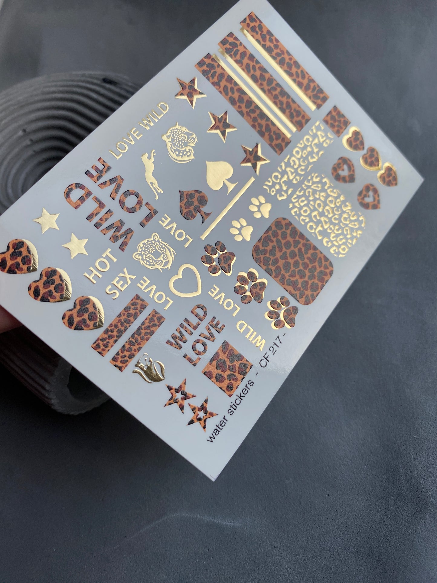 Nail Water Decal CF-217 | Leopard Print Water Slide Nail Decals | Wild Love with Gold Accents