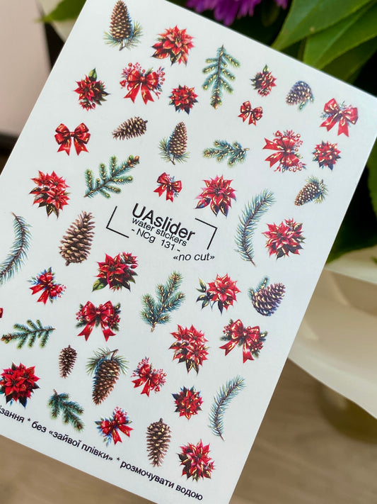 Nail Water Decal NCg-131 | Water Slide Nail Decals with Poinsettias and Pine Cones | Christmas Nail Art