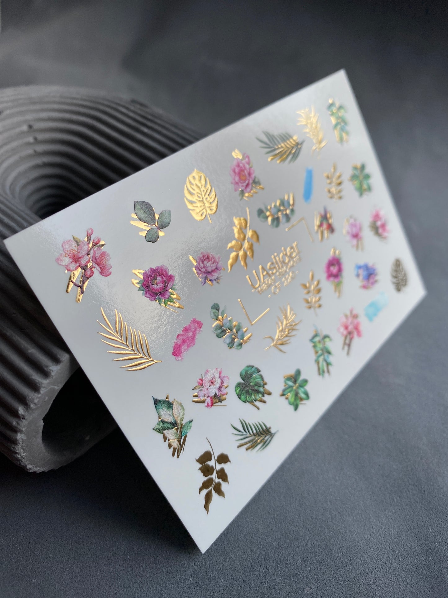 Nail Water Decal CF-220 | Floral Water Slide Nail Decals | Roses, Leaves & Gold Foil