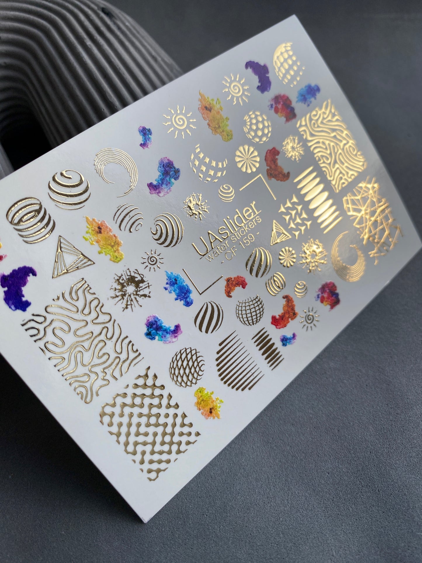 Nail Water Decal CF-159 | Abstract Geometric Water Slide Nail Decals | Modern Shapes & Gold Foil Accents