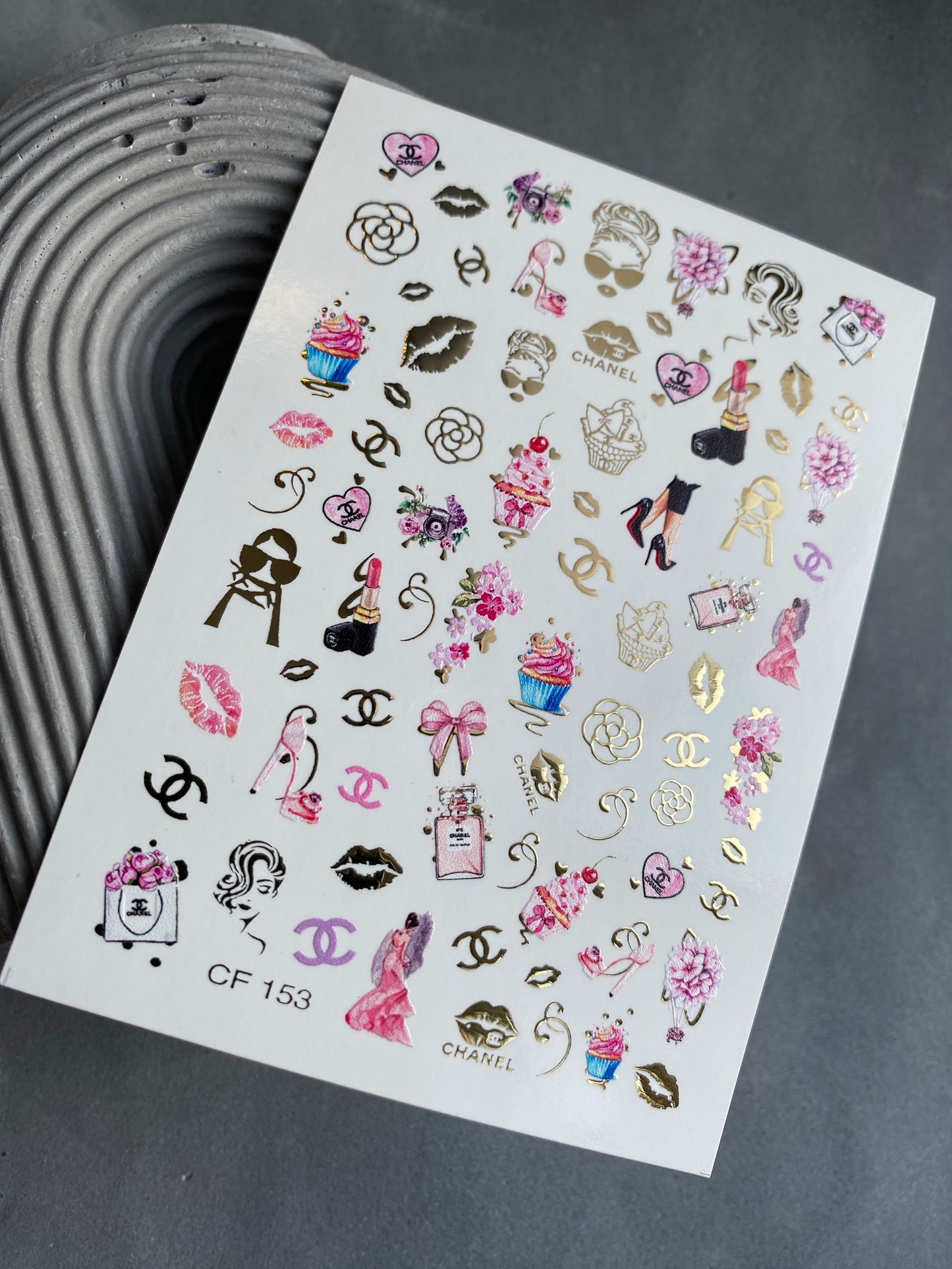 Nail Water Decal CF-153 | Glam Fashion Water Slide Nail Decals | High Heels, Lipstick & Gold Foil Accents