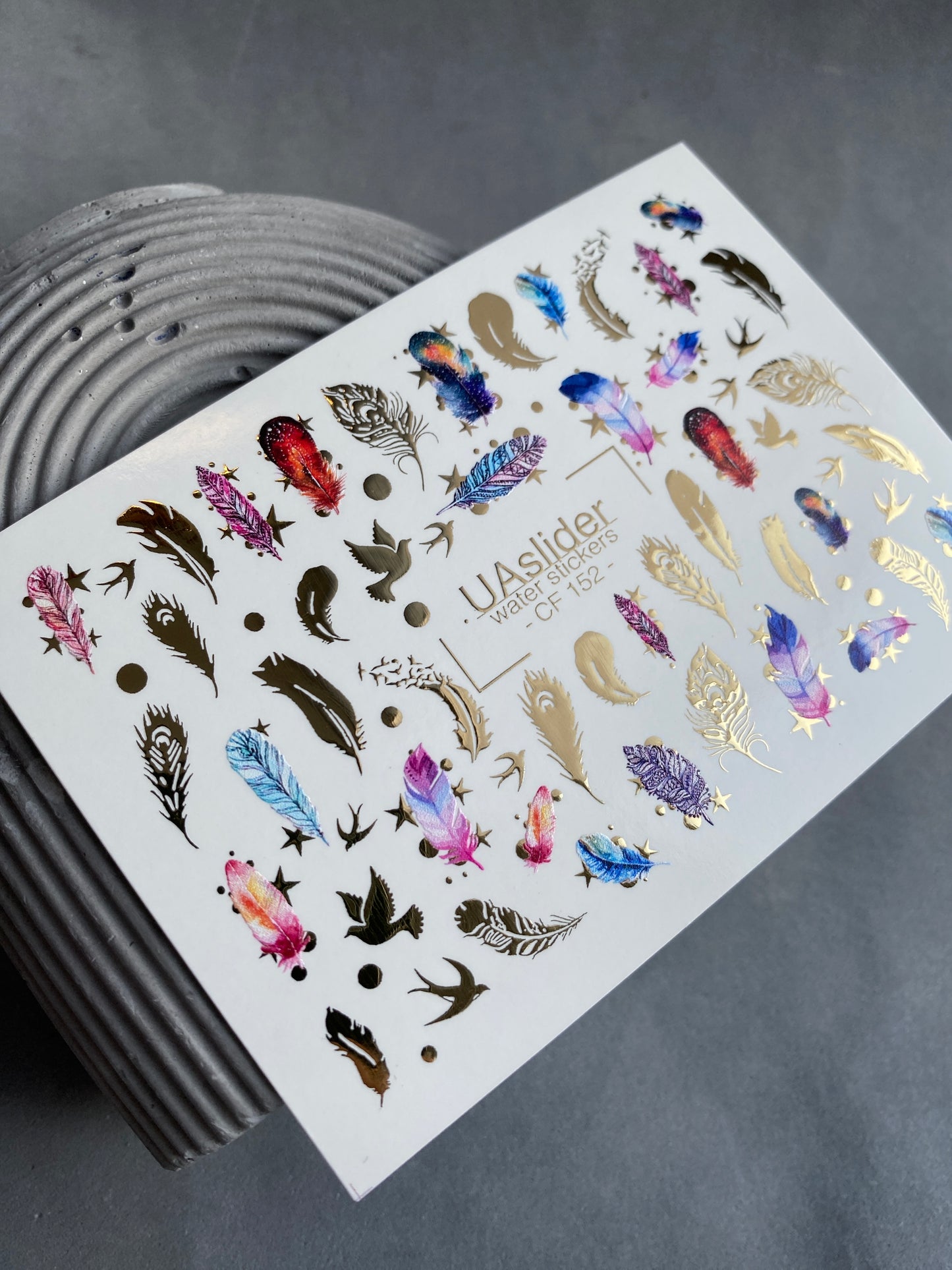 Nail Water Decal CF-152 | Feather Water Slide Nail Decals | Colorful Feathers, Birds & Gold Foil Stars