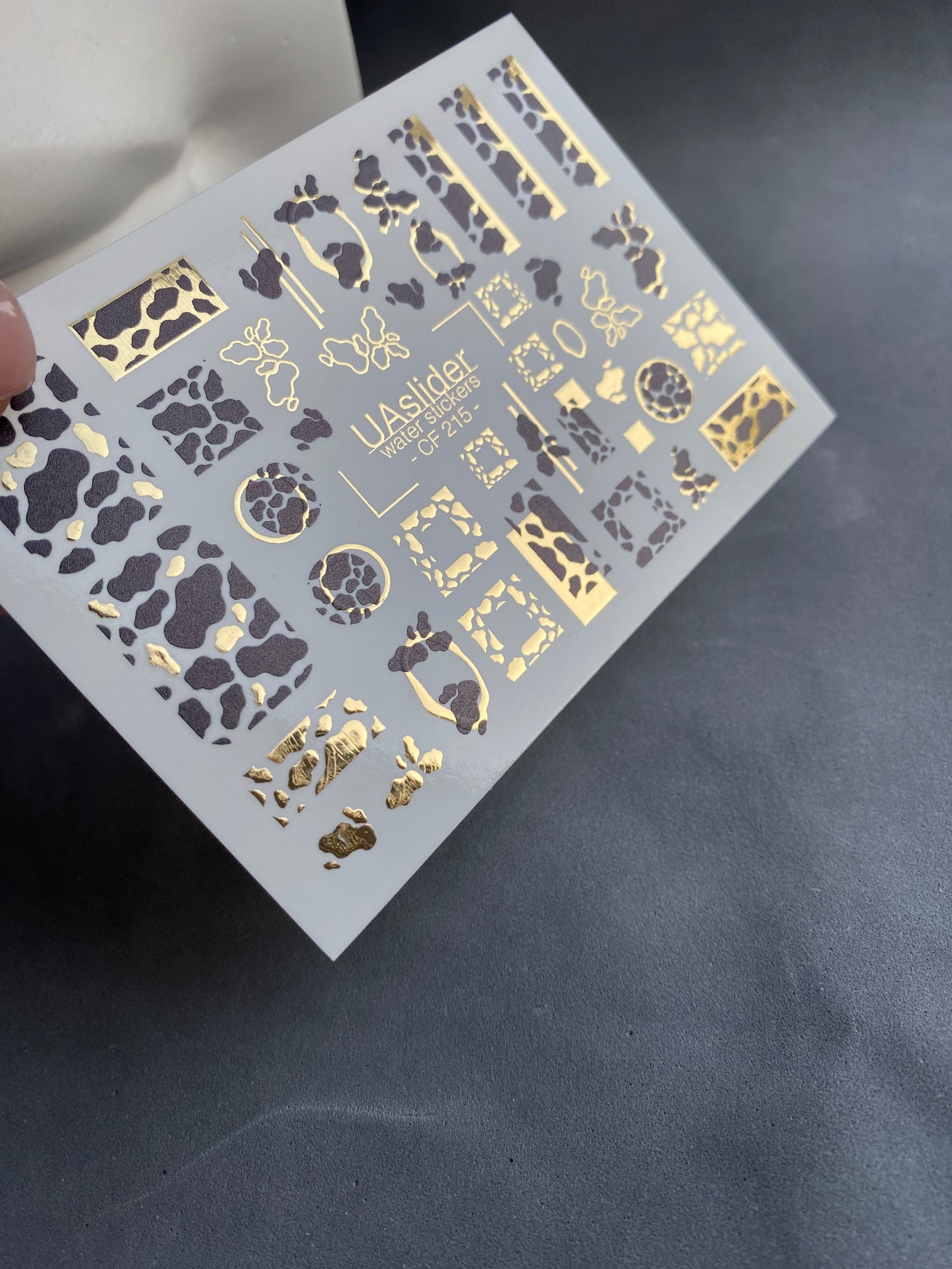 Nail Water Decal CF-215 | Cow Print Water Slide Nail Decals | Black & White with Gold Accents