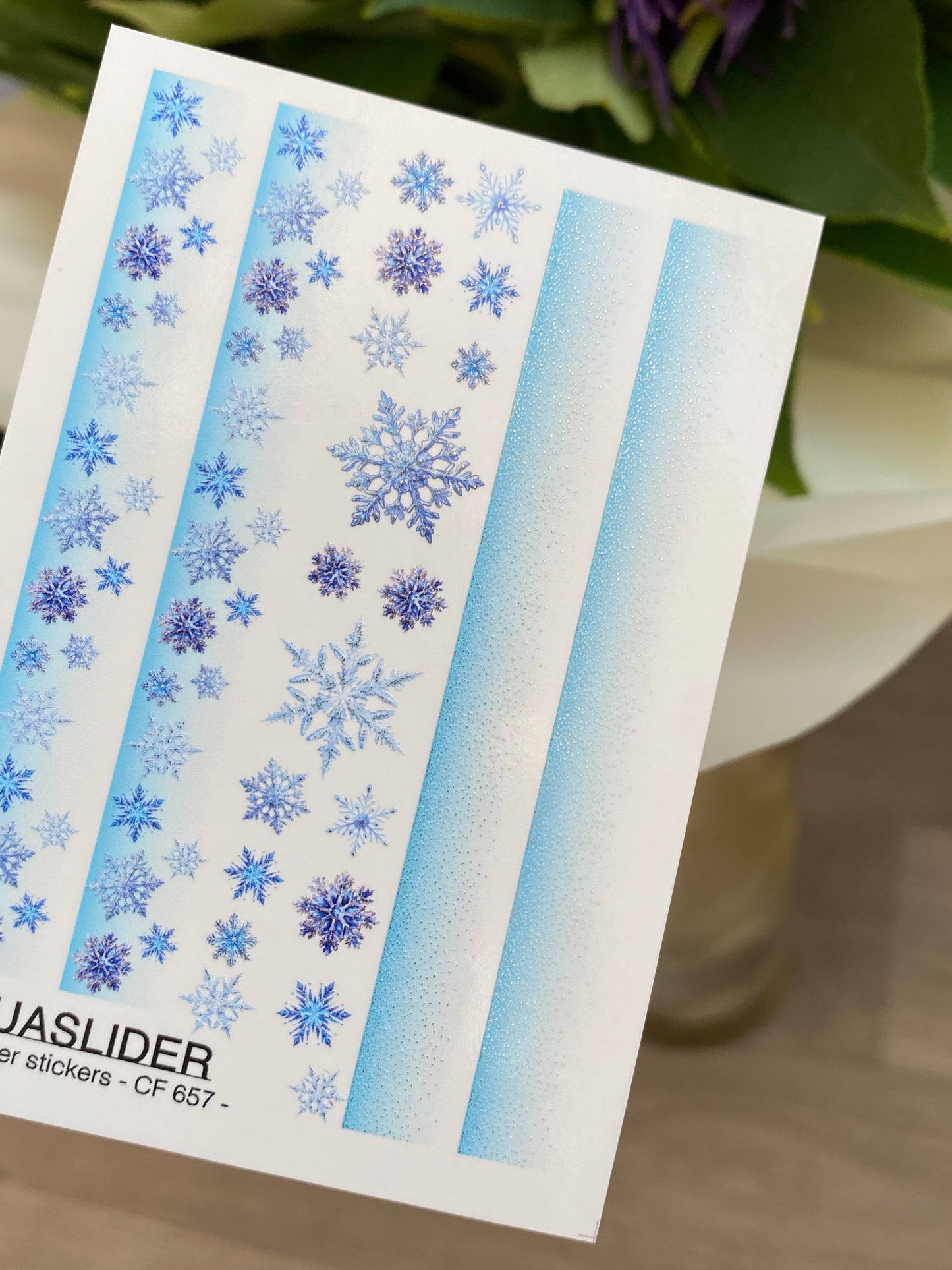 Nail Water Decal CF-657 | Water Slide Nail Decals with Blue Snowflakes | Winter Gradient Strips