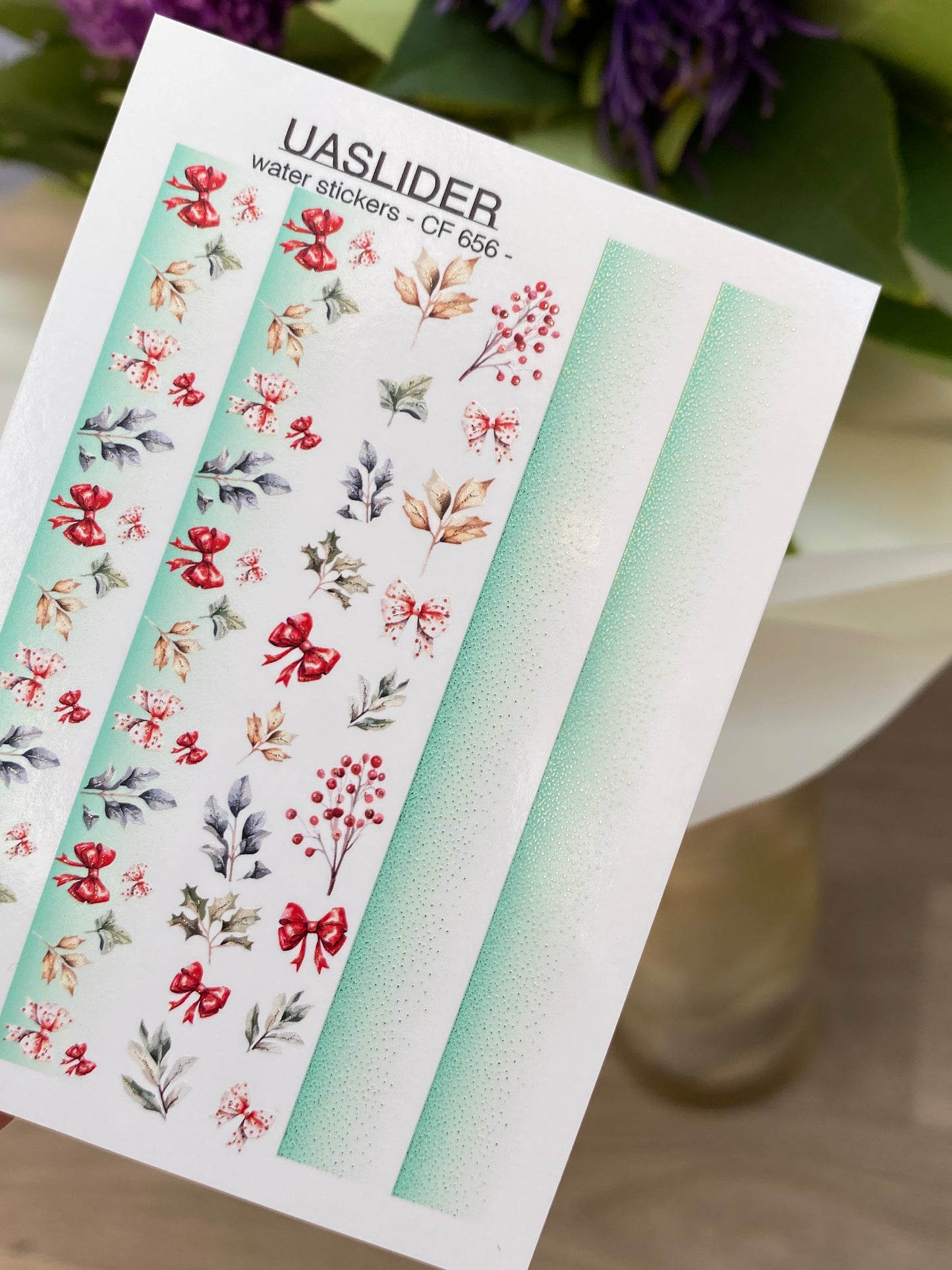 Nail Water Decal CF-656 | Water Slide Nail Decals with Christmas Bows & Winter Leaves | Festive Holiday Strips