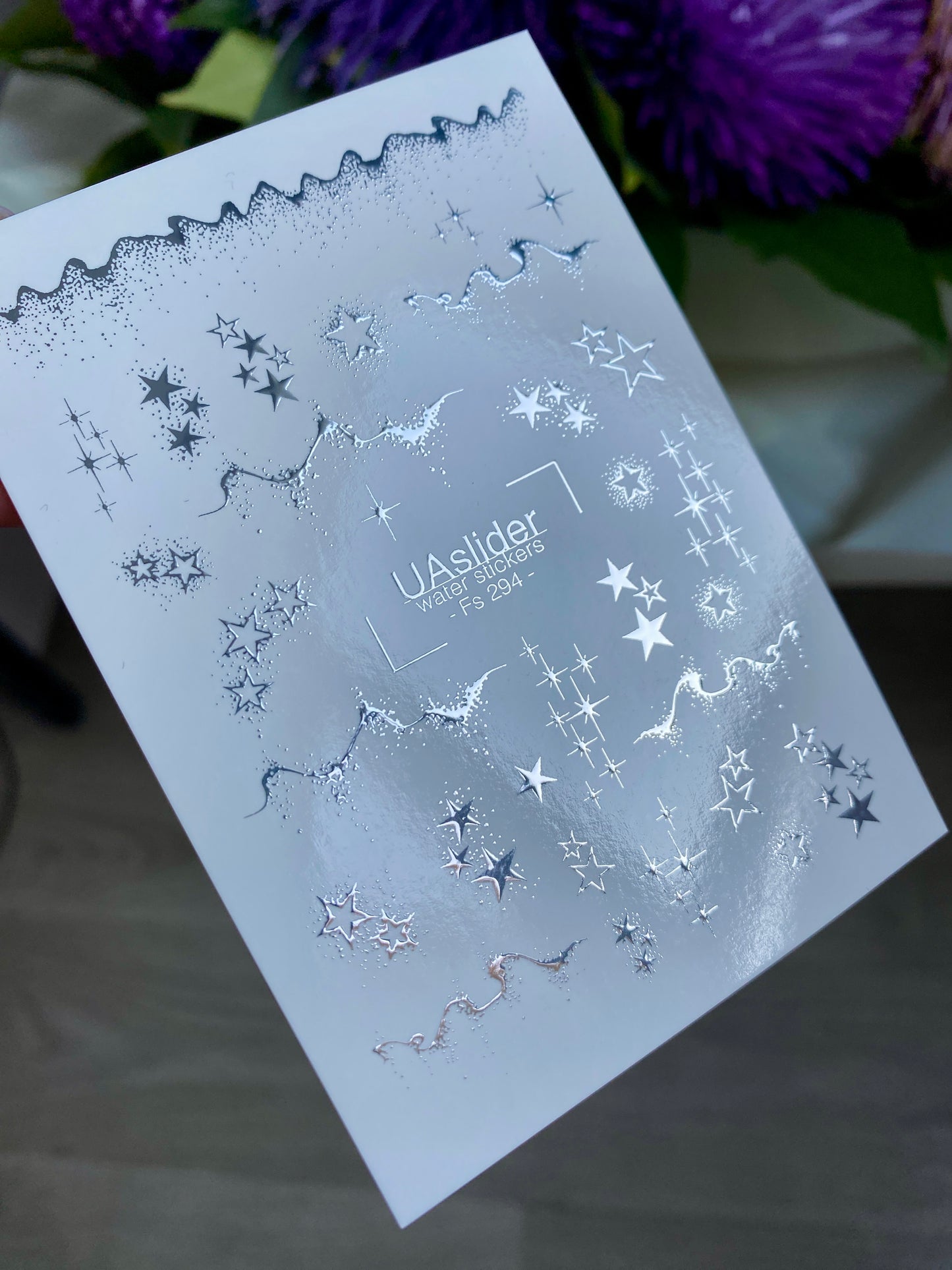 Nail Water Decal Fs-294 | Water Slide Nail Decals with Silver Stars | Elegant Starry Design