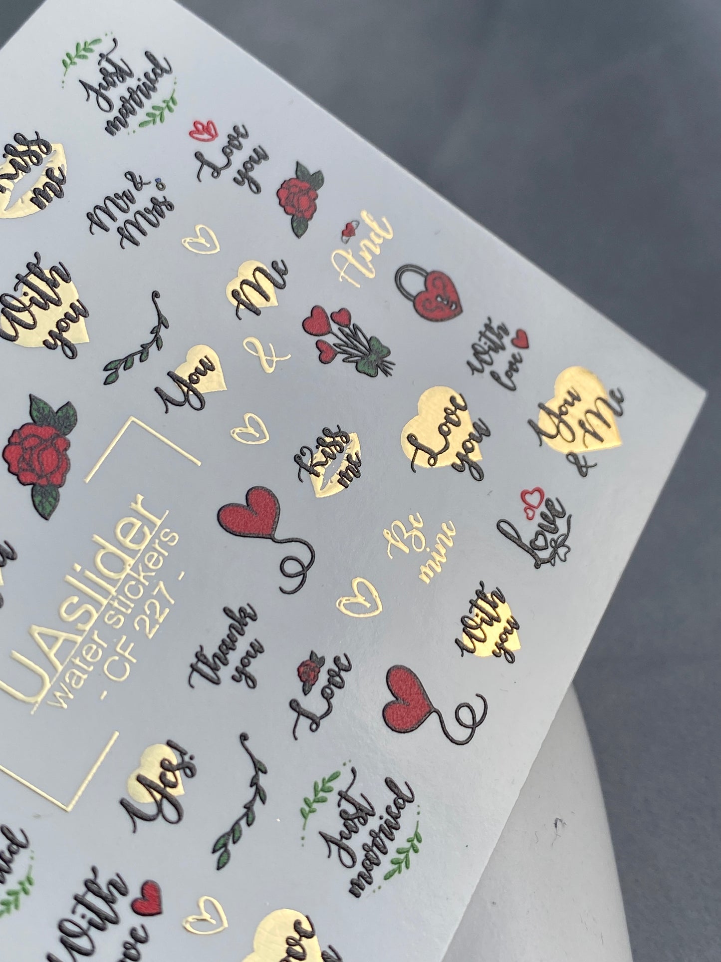 Nail Water Decal CF-227 | Romantic Water Slide Nail Decals | Love Quotes, Roses & Gold Hearts