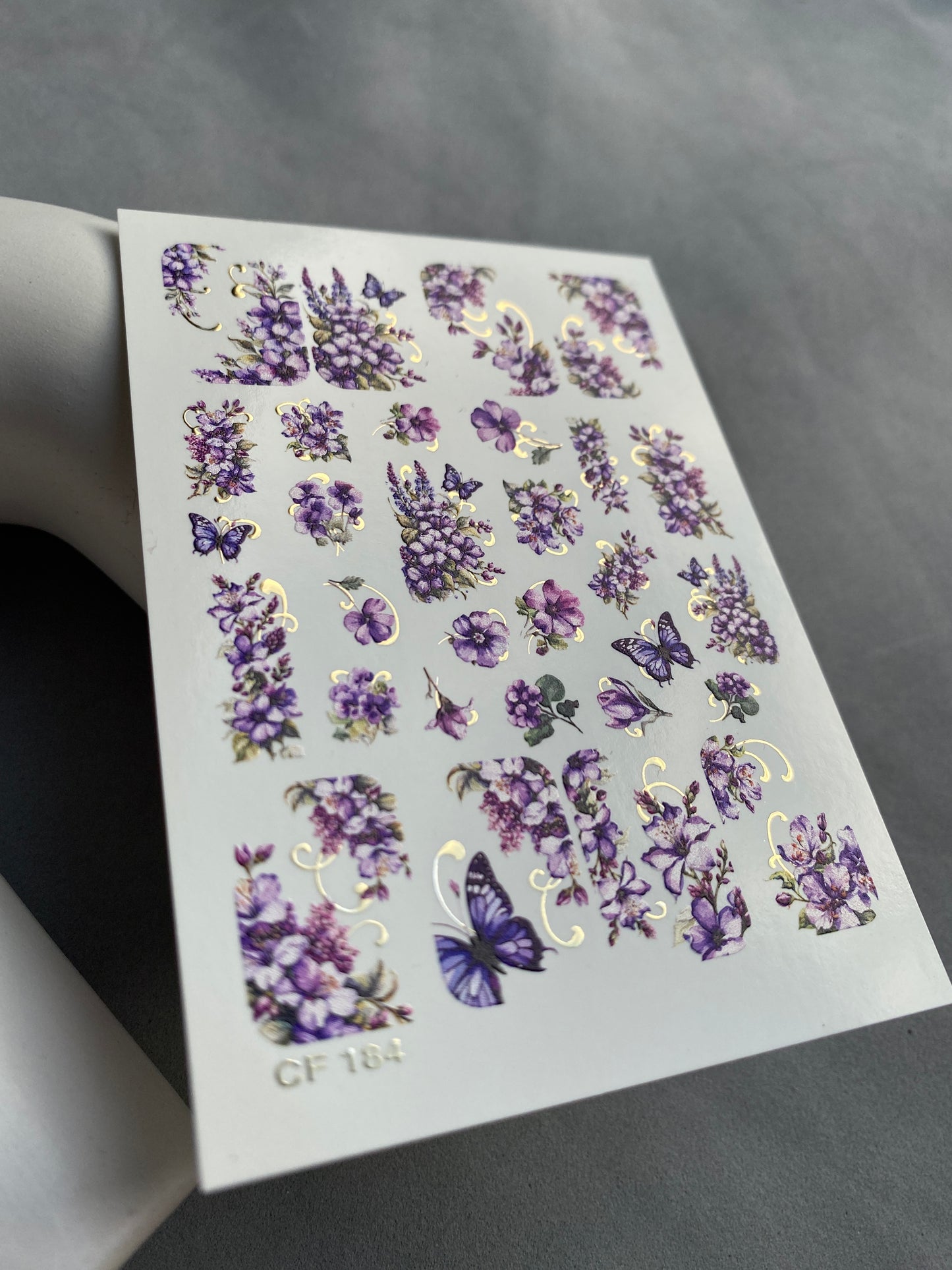 Nail Water Decal CF-184 | Nail Water Decals | Purple Flowers & Butterflies with Gold Accents