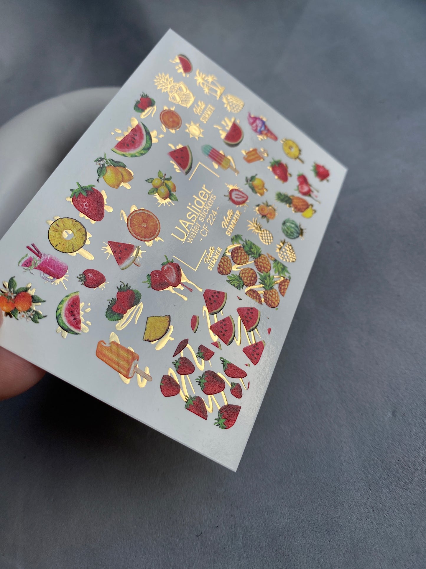 Nail Water Decal CF-224 | Fruit Water Slide Nail Decals | Summer Fruits & Ice Cream with Gold