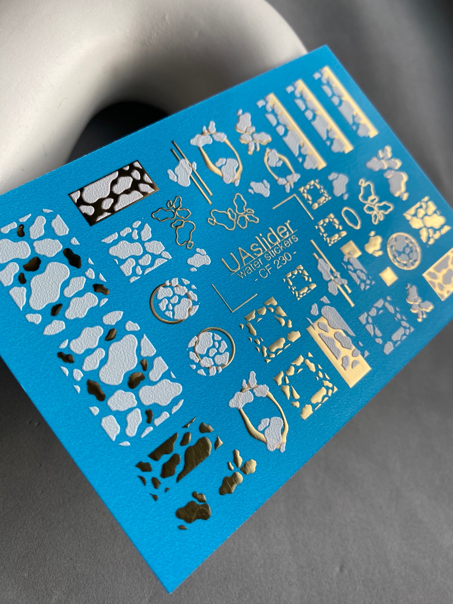 Nail Water Decal CF-230 | Cow Print Water Slide Nail Decals | White & Gold Geometric Design