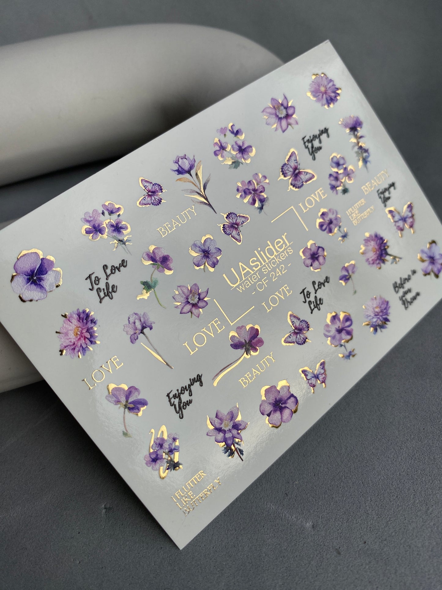 Nail Water Decal CF-242 | Purple Floral Water Slide Nail Decals | Flowers, Butterflies & Gold Accents