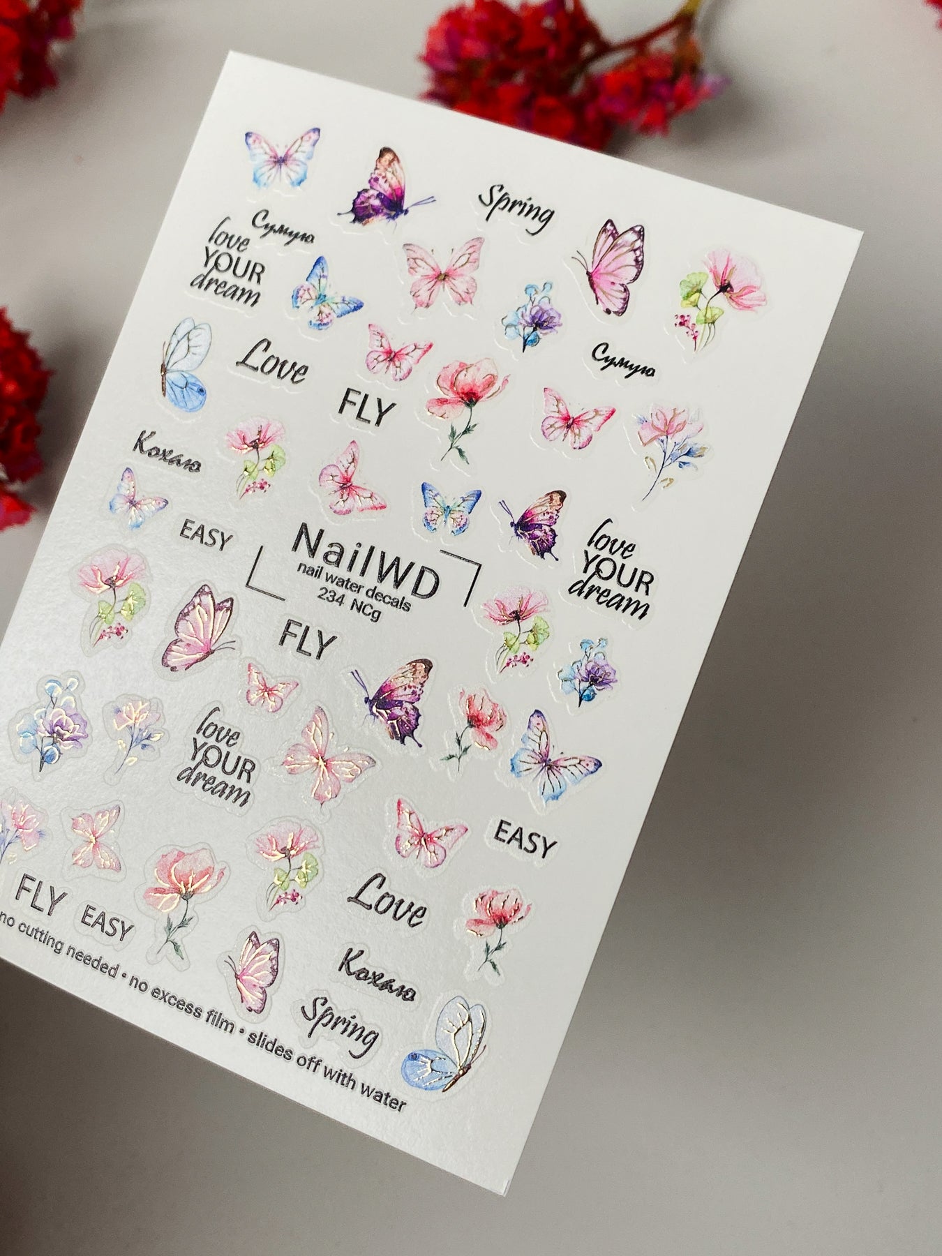 Nail Water Decal 234 Nail WD | Water Slide Nail Decals Colorful Butterflies & Spring Flowers | Nail Water Decals with Inspirational Quotes