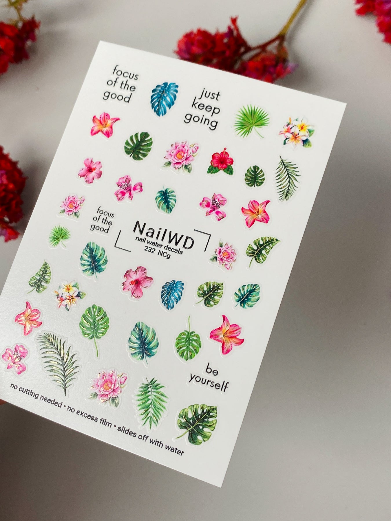 מדבקת מים לציפורניים 232 Nail WD | מדבקות מים לציפורניים עם עלי טרופיים ופרחים | מדבקות מים לציפורניים עם ציטוטים מוטיבציוניים