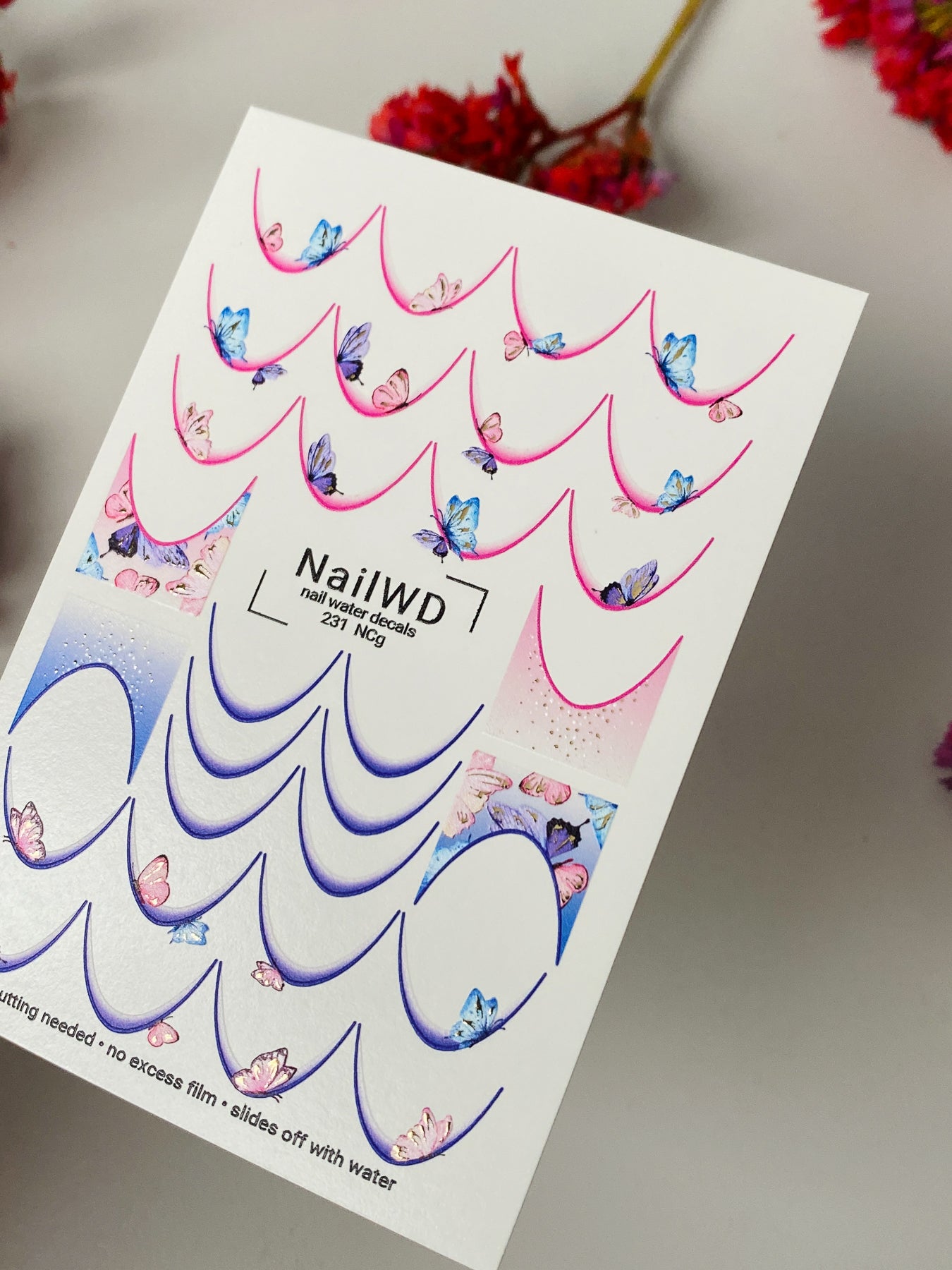 Nail Water Decal 231 Nail WD | Water Slide Nail Decals Butterflies & Gradient French Tips | Nail Water Decals Pink Blue Wings
