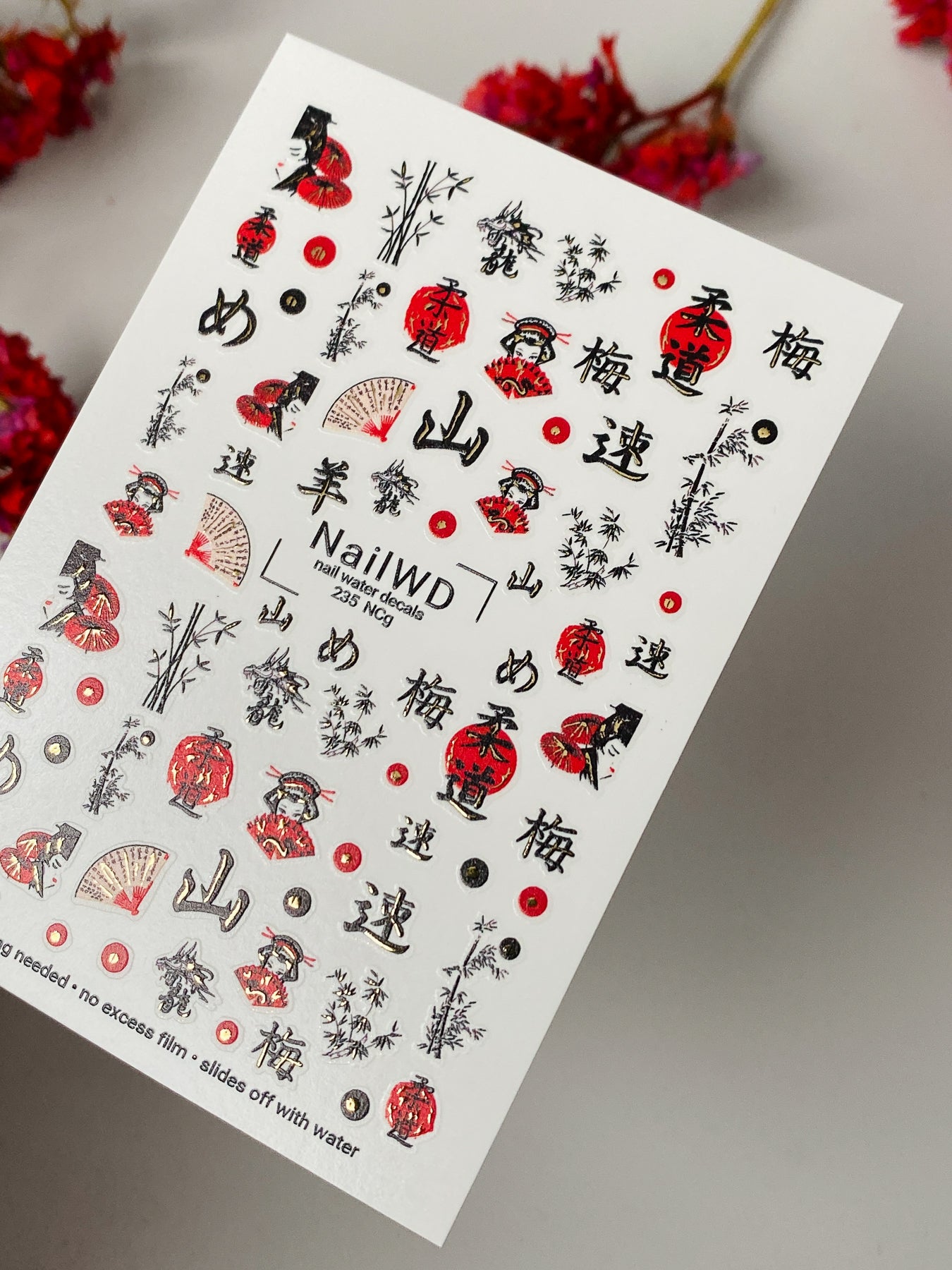 Nail Water Decal 235 Nail WD | Water Slide Nail Decals Japanese Geisha & Lanterns | Nail Water Decals with Bamboo and Kanji Art