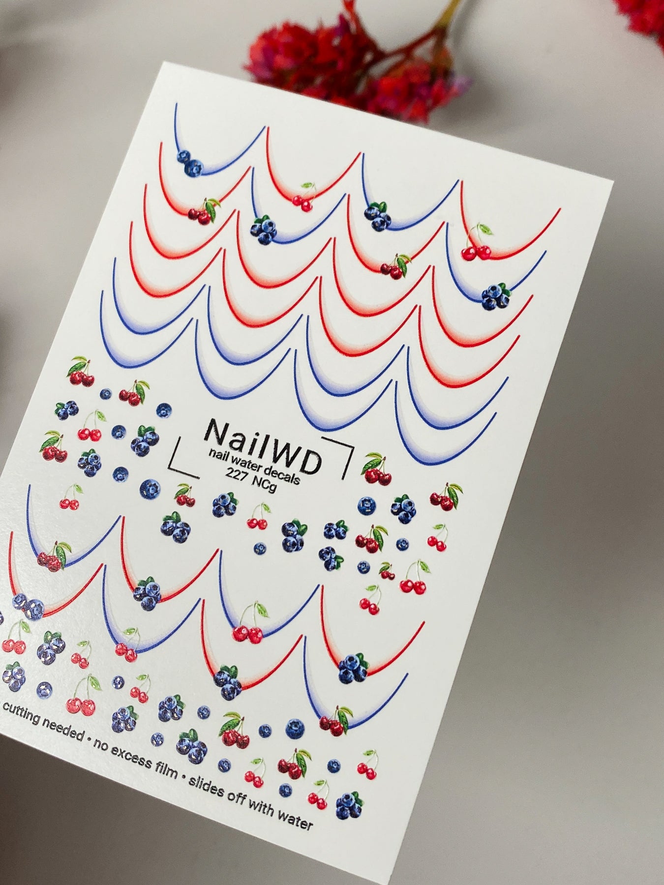 Nail Water Decal 227 Nail WD | Water Slide Nail Decals Blueberries and Cherries | Nail Water Decals French Tips Fruit Design