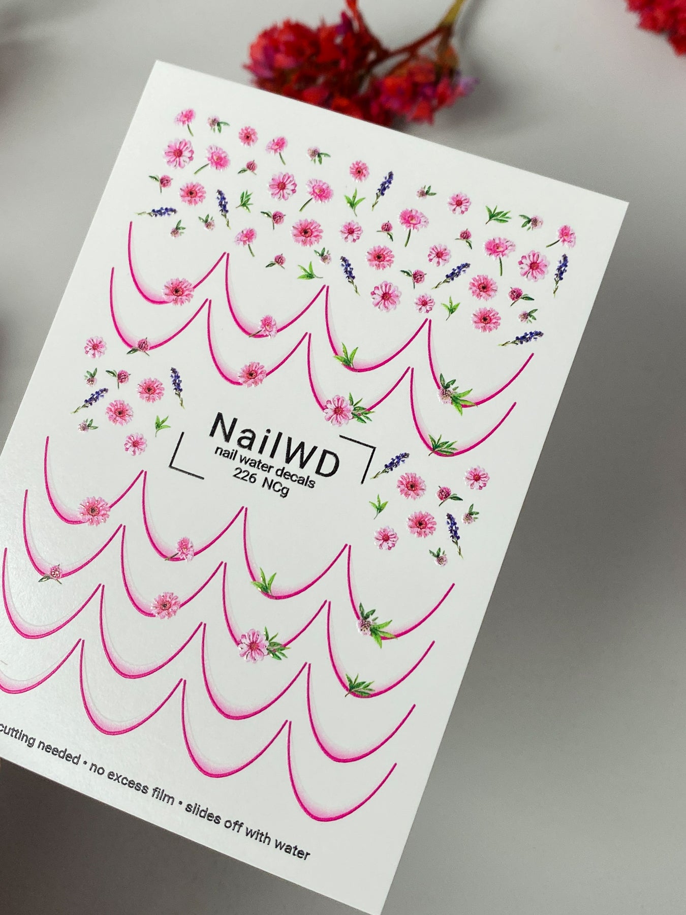 Décalcomanie d'eau pour ongles 226 Nail WD | Décalcomanies à glissière d'eau pour ongles Fleurs roses et lavande | Décalcomanies d'eau pour ongles Design French Tips