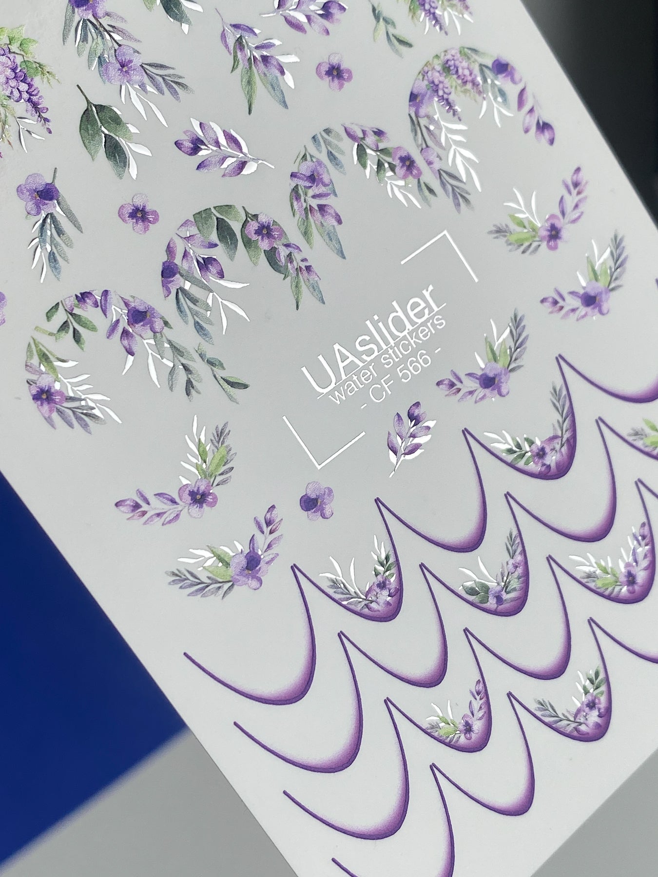 Nail Water Decal CF-566 | French Water Slide Nail Decals with Purple Florals | Botanical Nail Art Designs
