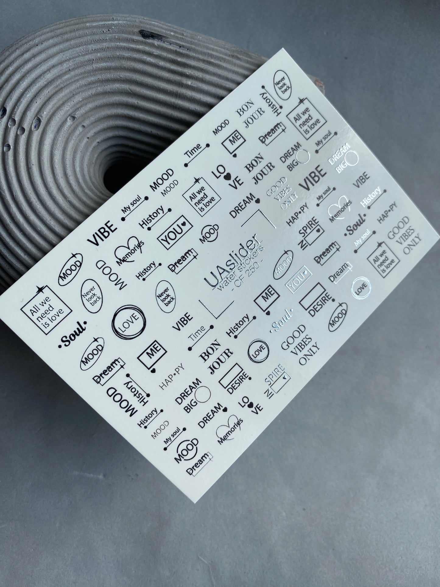 Nail Water Decal CF-250 | Minimalist Water Slide Nail Decals | Black & Silver Quotes and Words