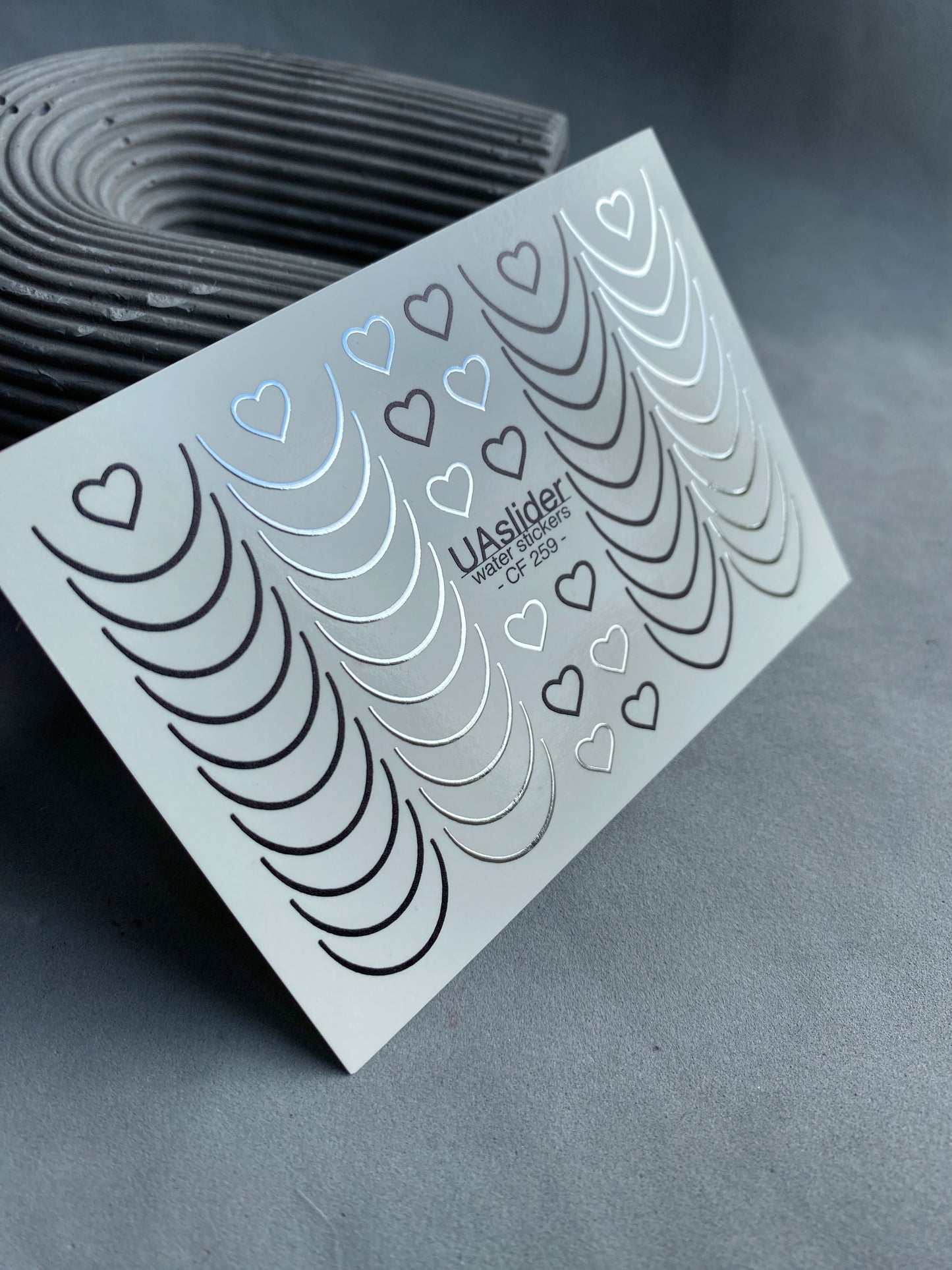 Nail Water Decal CF-259 | French Water Slide Nail Decals | Black & Silver Lines with Hearts