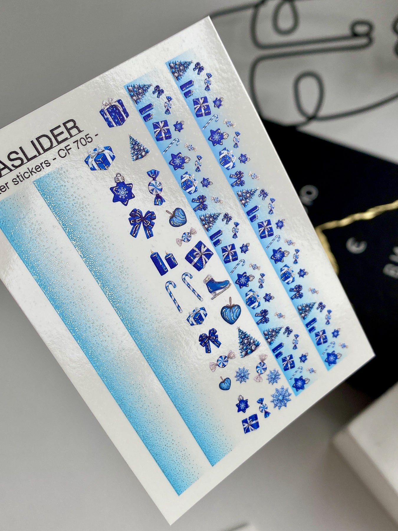 Nail Water Decal CF-705 | Christmas Water Slide Nail Decals | Blue Gradient and Holiday Ornaments