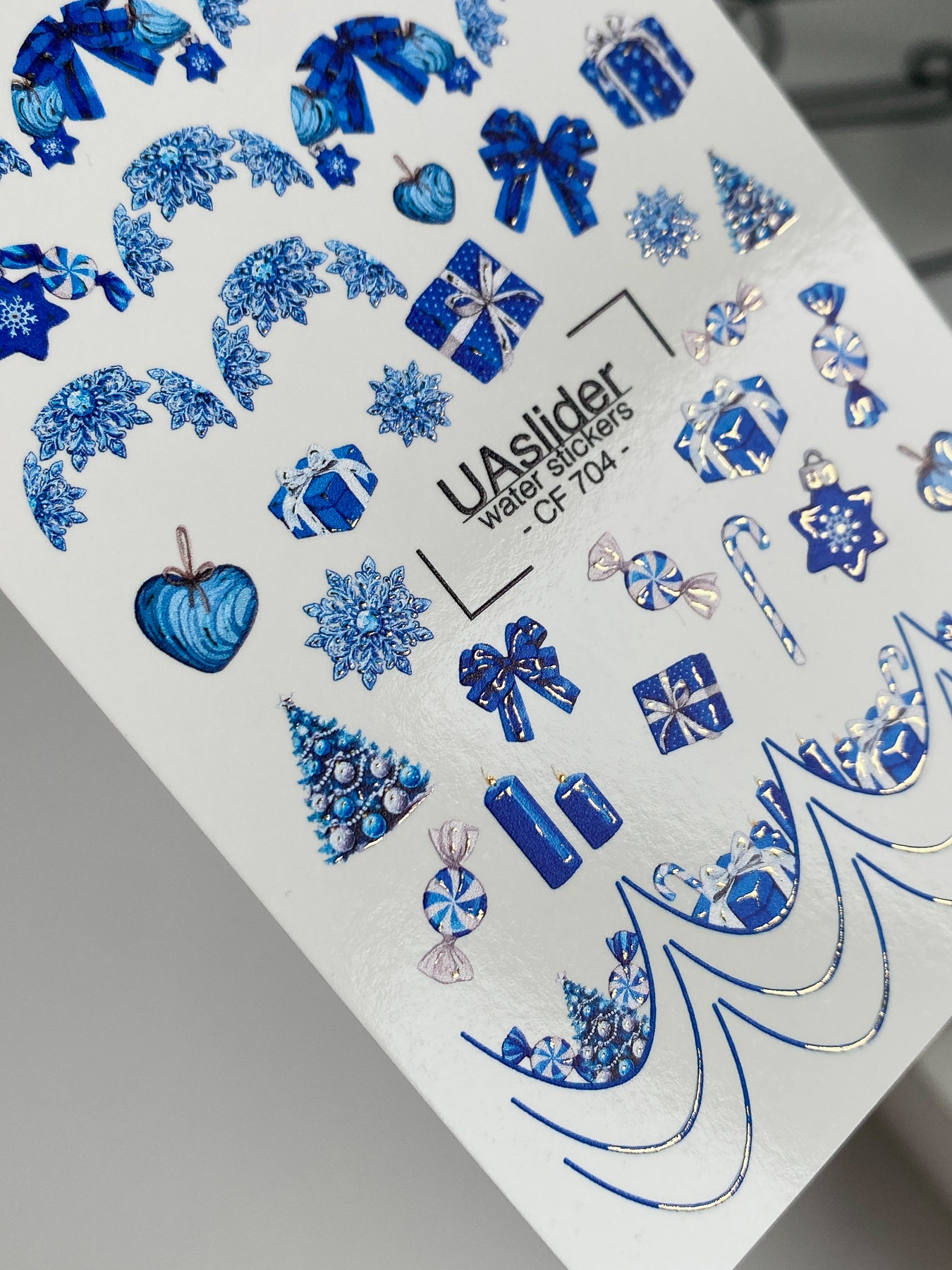 Nail Water Decal CF-704 | Christmas Water Slide Nail Decals | Blue Snowflakes and Holiday Gifts