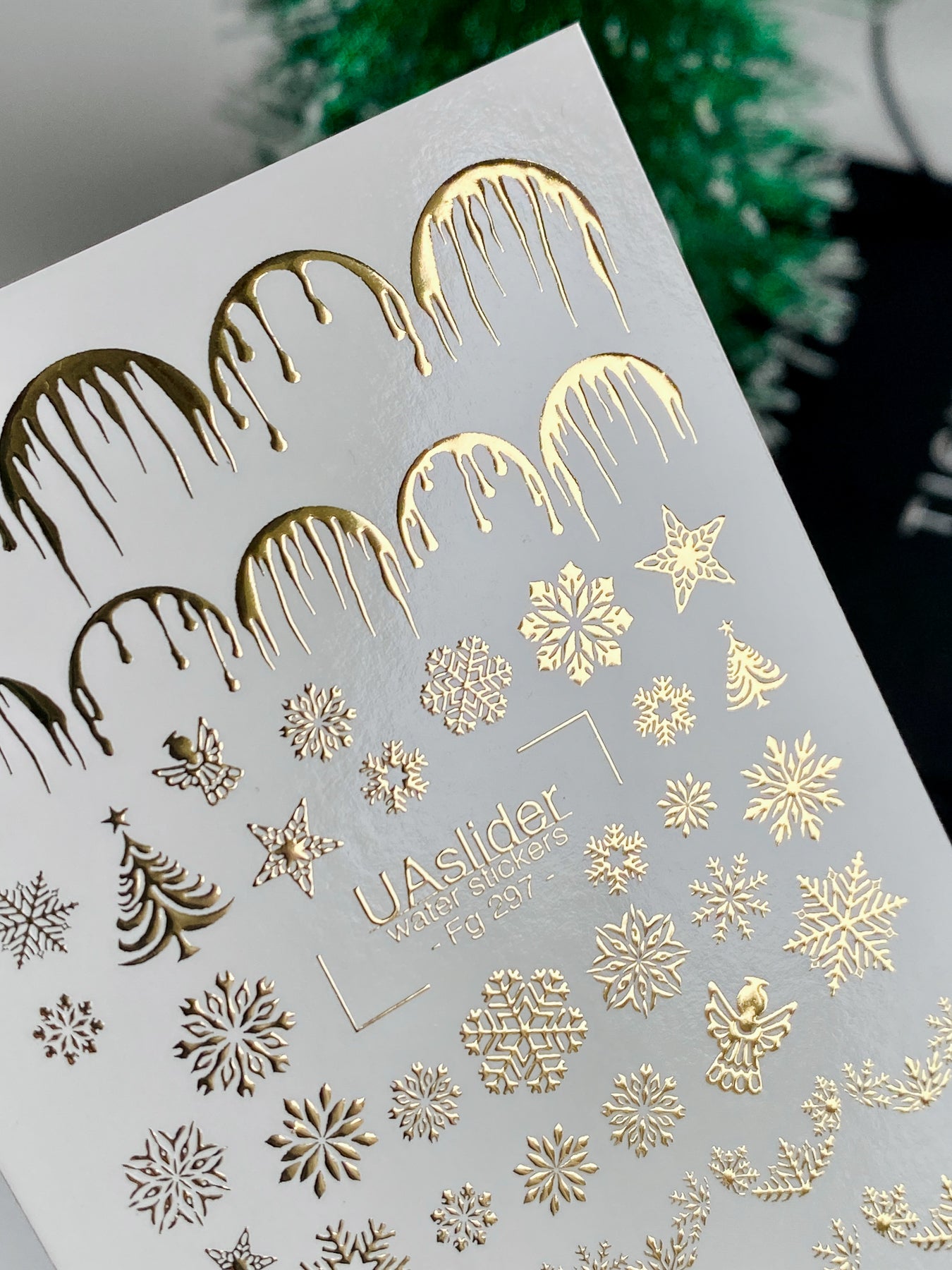 Nail Water Decal Fg-297 | Water Slide Nail Decals | Gold Snowflakes and Holiday French Design