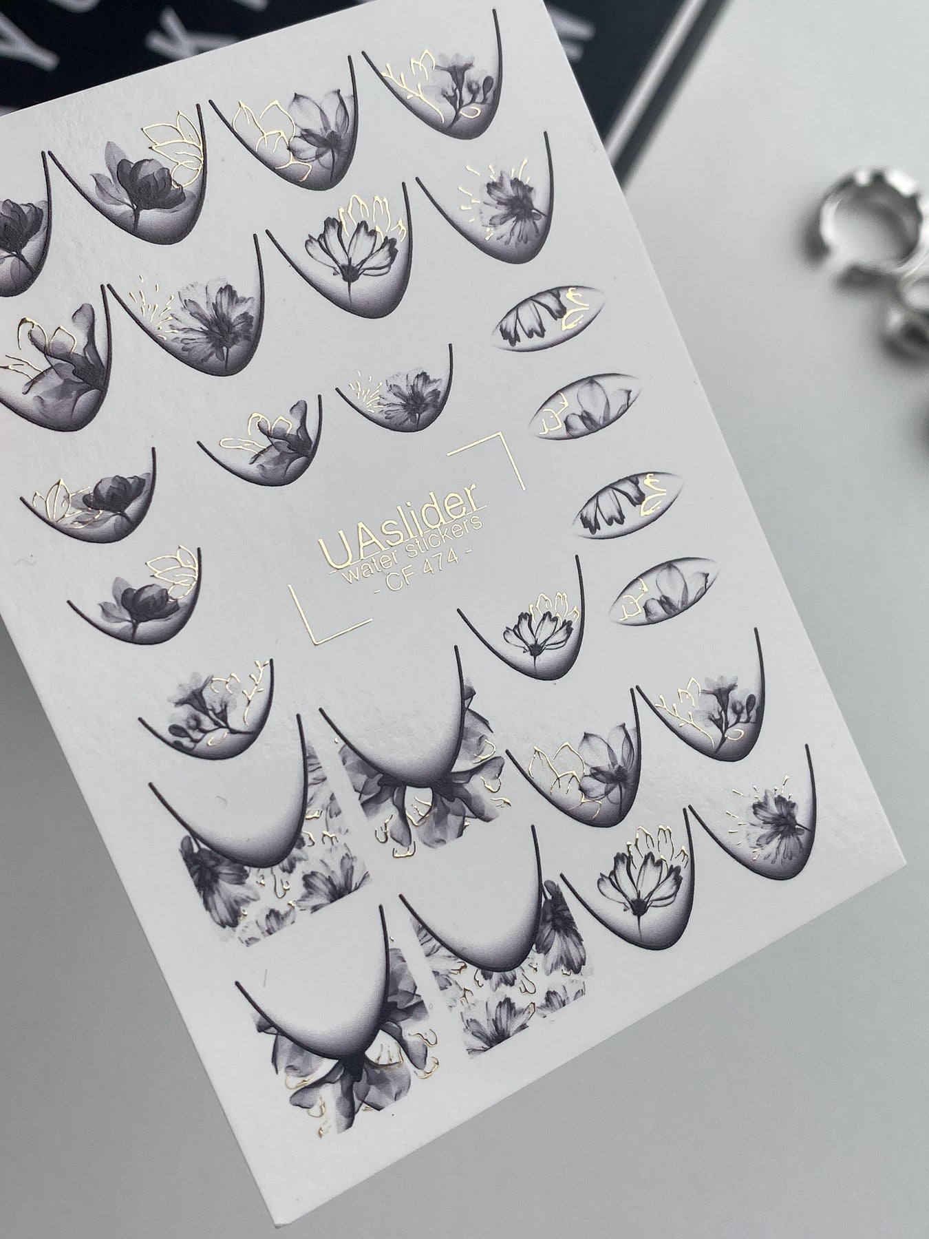 Nail Water Decal CF-474 | Elegant Floral Nail Decals | Grey Lilac Flowers with Gold Details