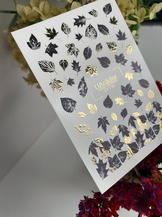 Nail Water Decal CF-710 | Water Slide Nail Decals | Black and Gold Autumn Leaves