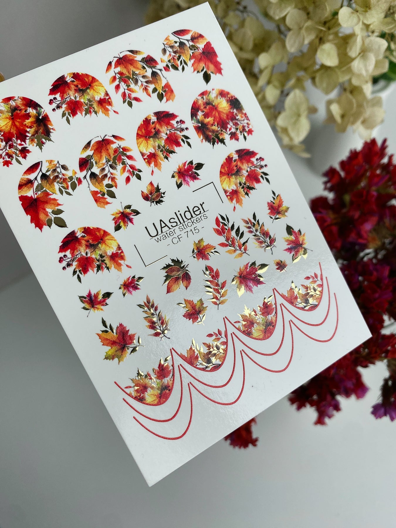 Nail Water Decal CF-715 | Water Slide Nail Decals | Autumn Leaves with Red and Gold Accents