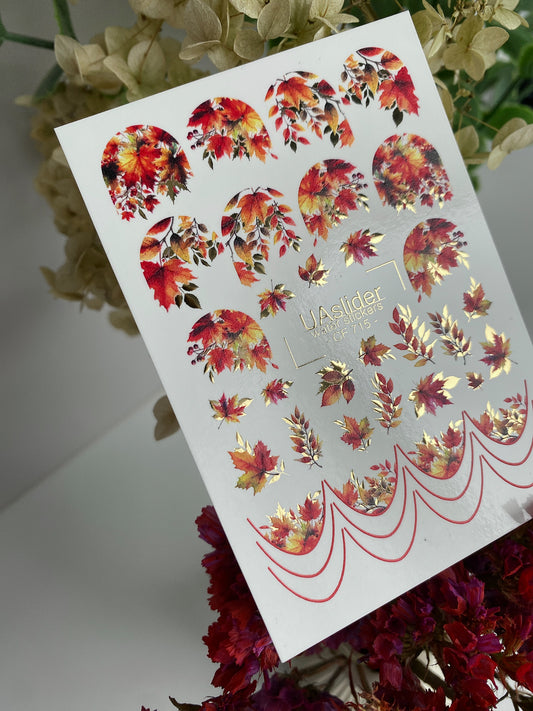 Nail Water Decal CF-715 | Water Slide Nail Decals | Autumn Leaves with Red and Gold Accents