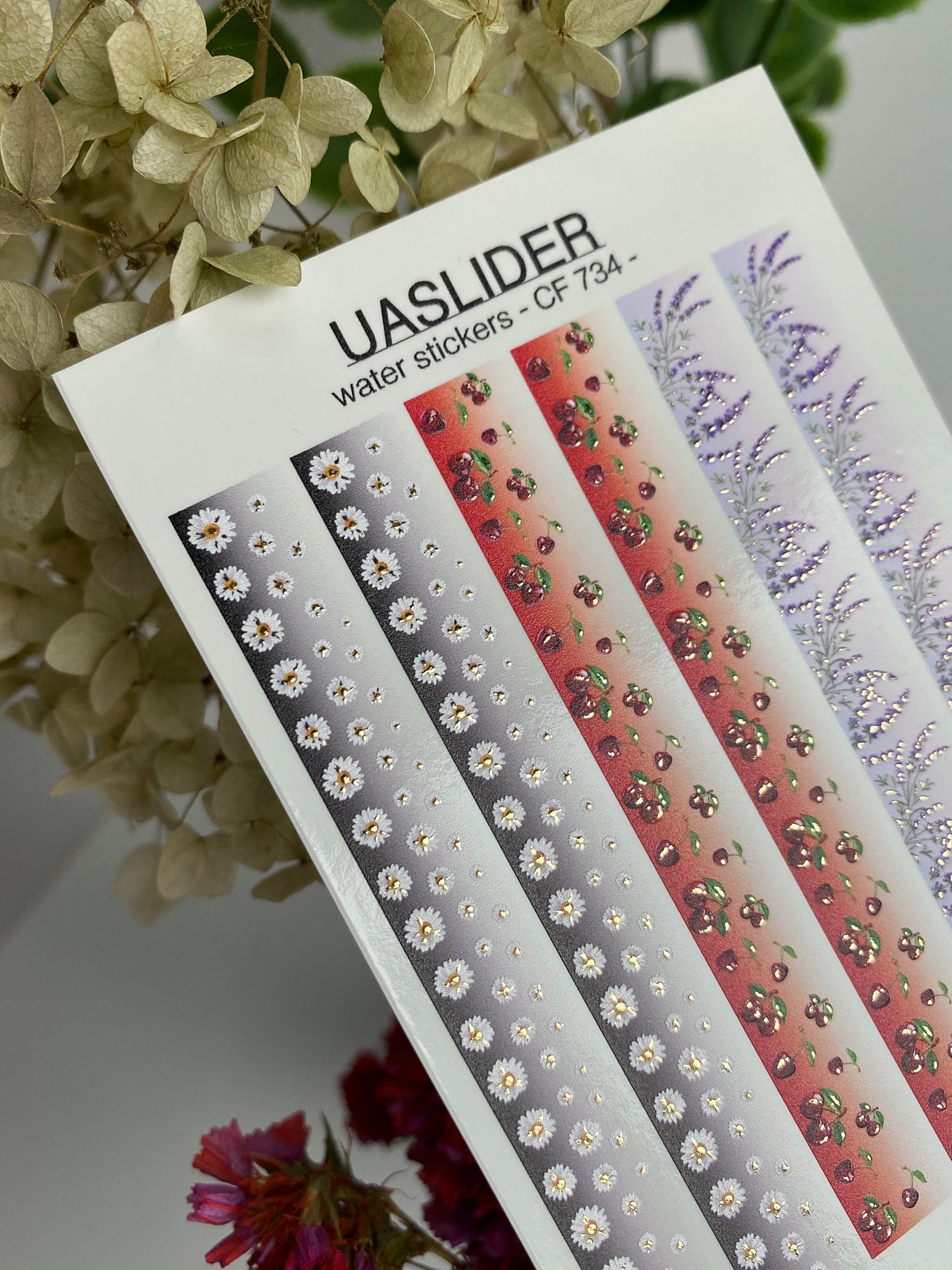 Nail Water Decal CF-734 | Water Slide Nail Decals | Floral Strips with Daisies, Cherries, and Lavender