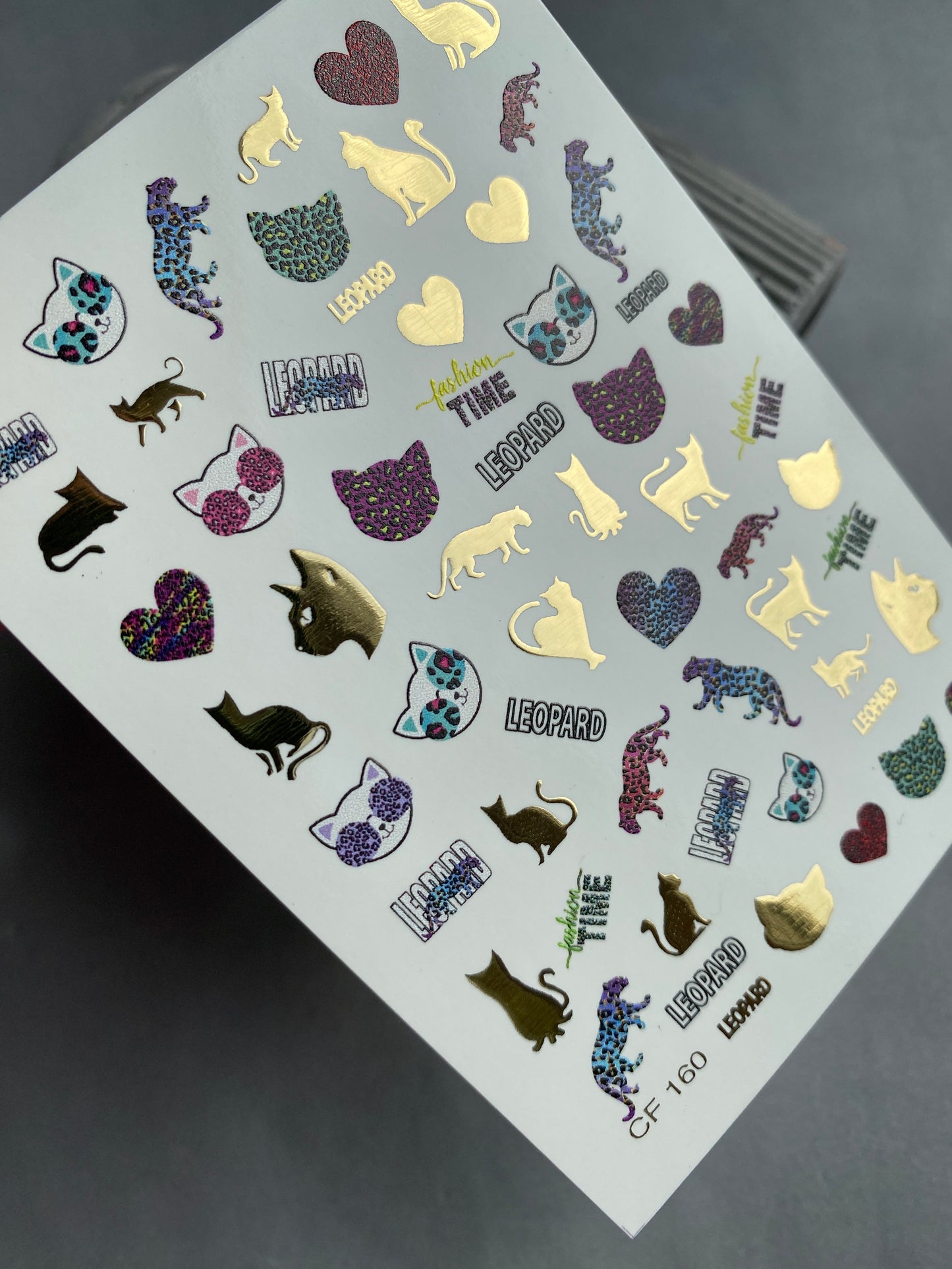 Nail Water Decal CF-160 | Leopard & Cat Water Slide Nail Decals | Animal Print, Hearts & Gold Foil Accents