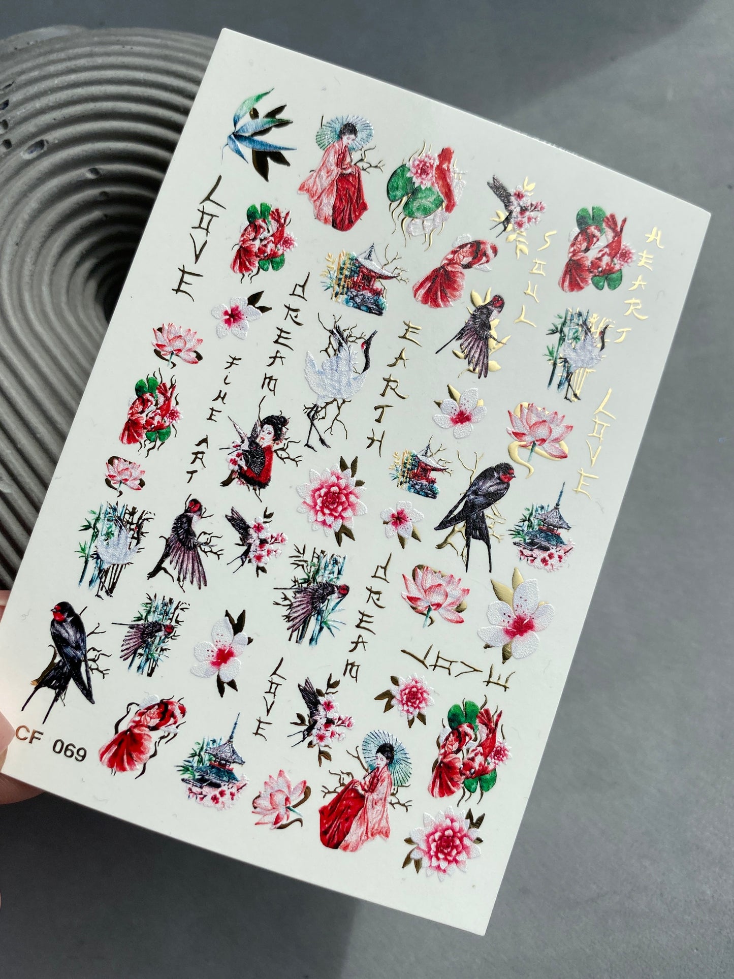 Nail Water Decal CF-069 | Japanese Water Slide Nail Decals | Geisha, Swallows, Lotus Flowers and Oriental Nail Art