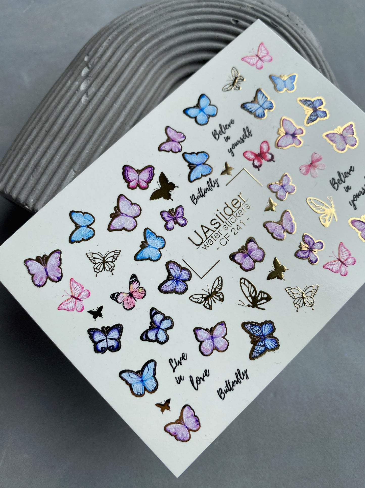 Nail Water Decal CF-241 | Butterfly Water Slide Nail Decals | Pink & Blue Butterflies with Gold