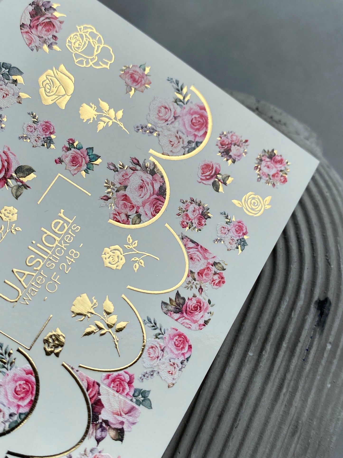 Nail Water Decal CF-248 | Floral Nail Water Decals | Pink Roses with Gold Accents