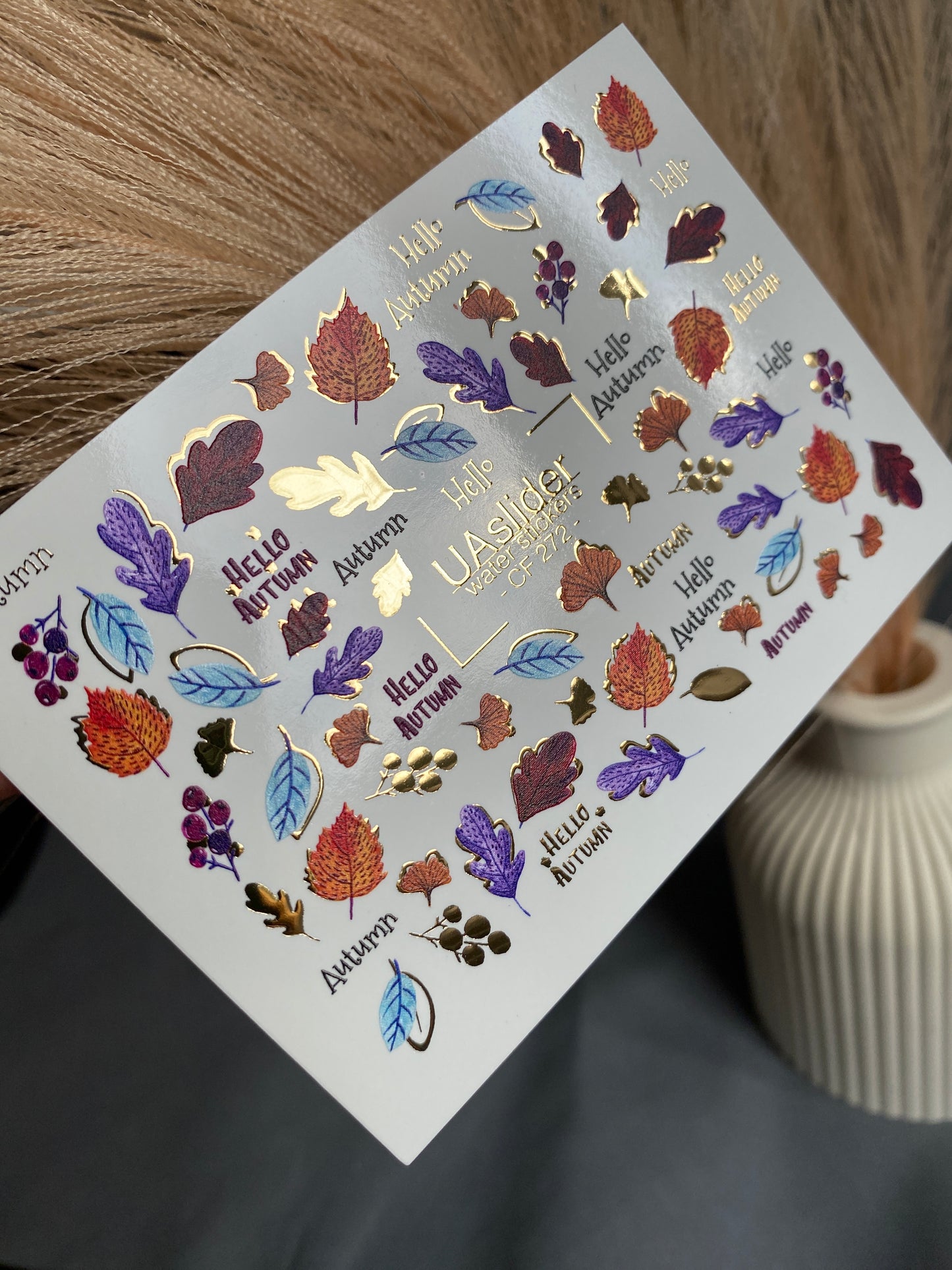 Nail Water Decal CF-272 | Autumn Water Slide Nail Decals | Colorful Fall Leaves & Hello Autumn Quotes