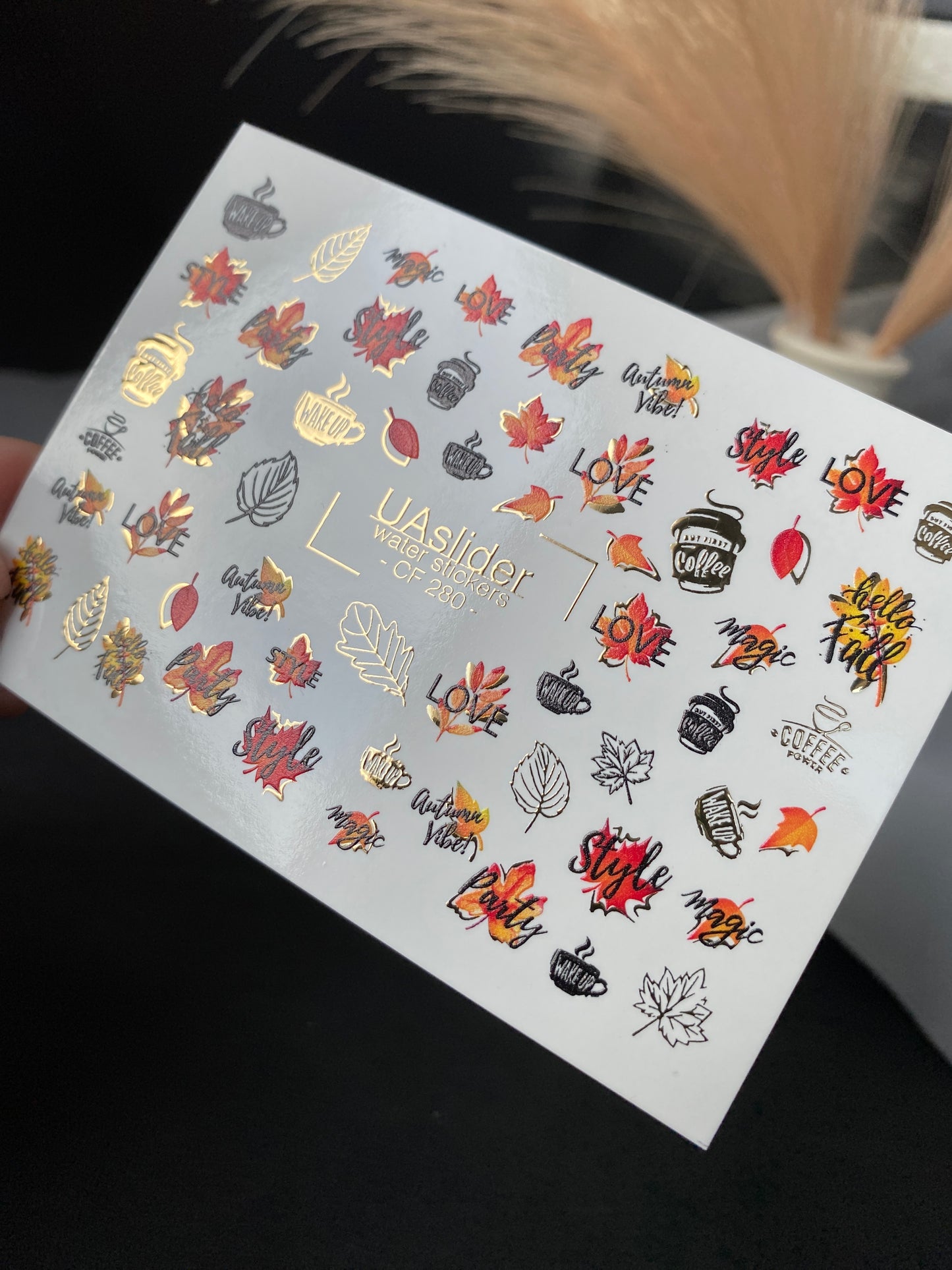 Nail Water Decal CF-280 | Autumn Water Slide Nail Decals | Fall Leaves, Coffee & Quotes