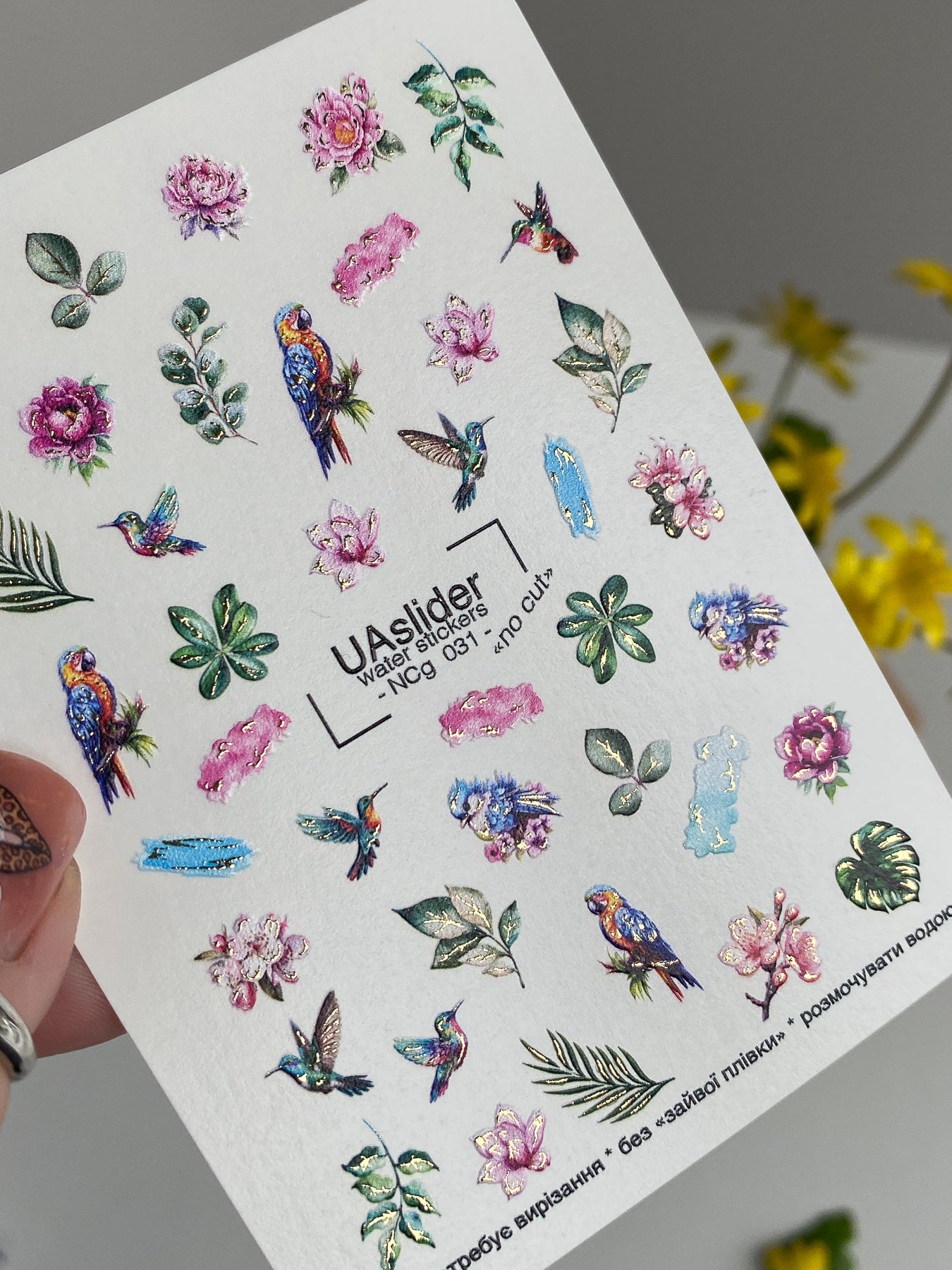 Nail Water Decal NCg-031 | Water Slide Nail Decals with Hummingbirds, Parrots & Flowers | Exotic Tropical Set