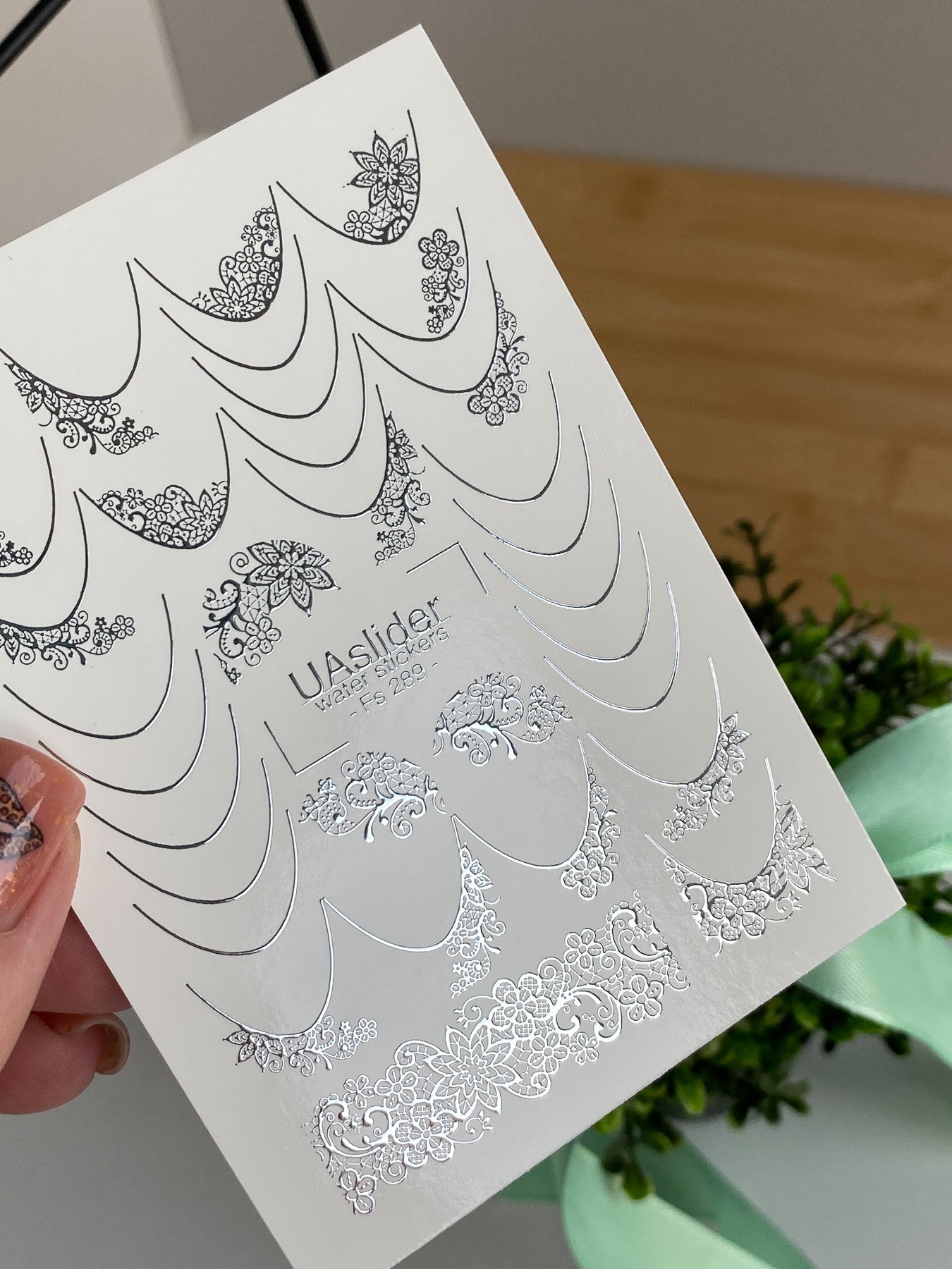 Nail Water Decal Fs-289 | Silver Lace Water Slide Nail Decals | Elegant Foil French Manicure Nail Tattoos