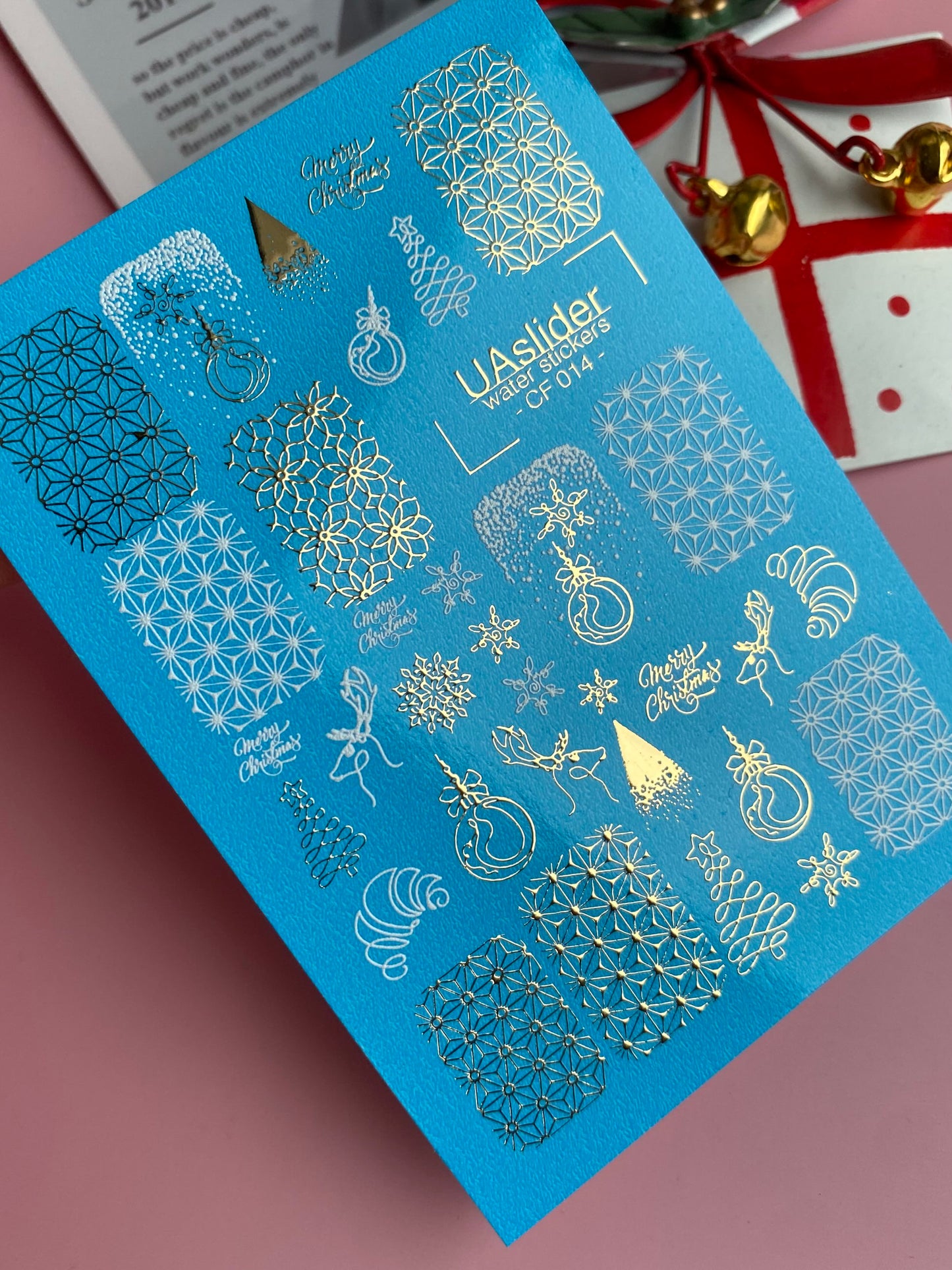 Nail Water Decal CF-014 | Christmas Water Slide Nail Decals, Gold Foil Snowflakes and Geometric Patterns