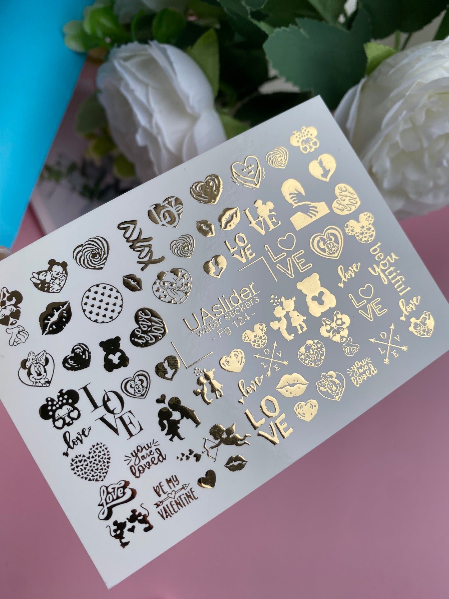 Nail Water Decal Fg-124 | Water Slide Nail Decals with Gold Hearts & Love Quotes | Romantic Valentine