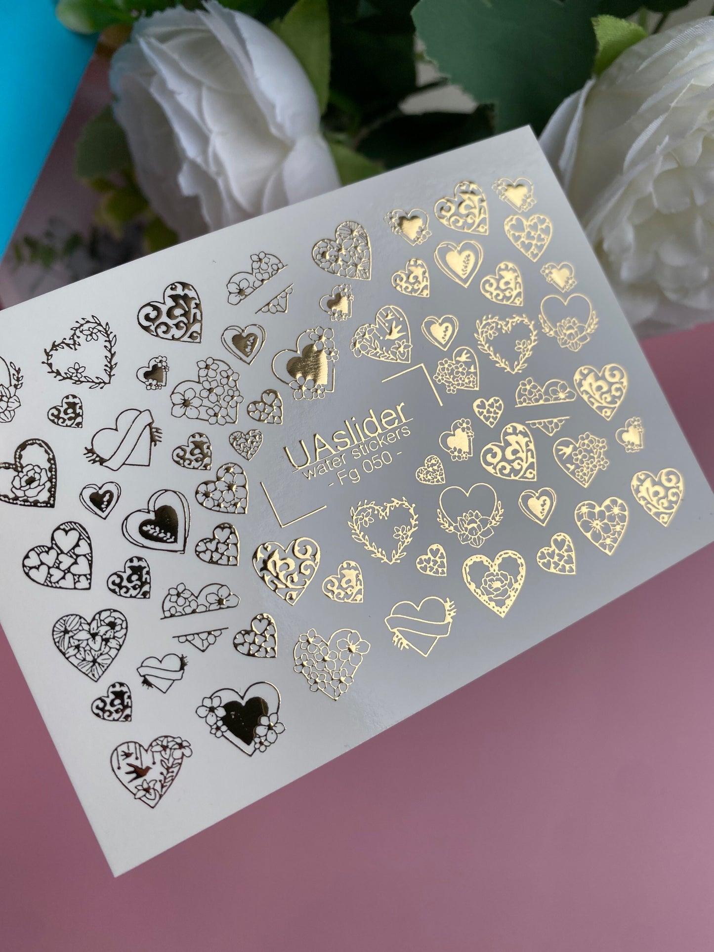 Nail Water Decal Fg-050 | Water Slide Nail Decals Gold Hearts | Floral and Lace Romantic Nail Art