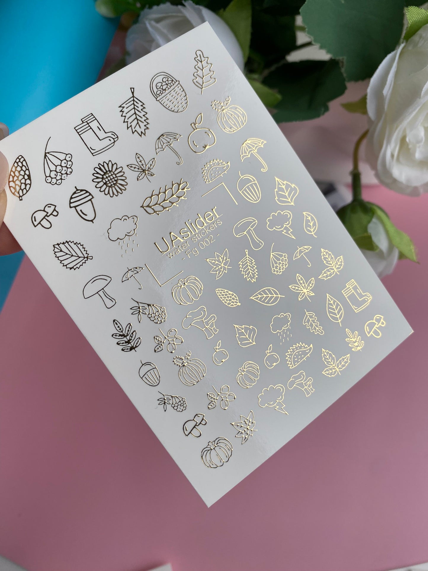 Nail Water Decal Fg-002 | Autumn Water Slide Nail Decals with Gold Foil | Pumpkins, Acorns & Umbrellas