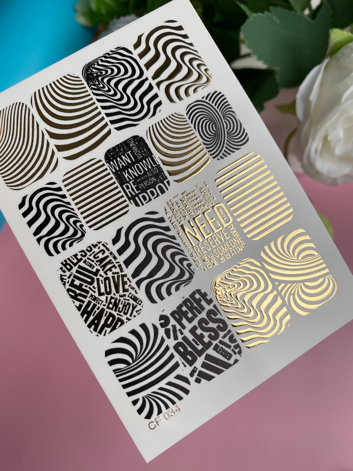 Nail Water Decal CF-034 | Optical Illusion Water Slide Nail Decals | Black, White & Gold Typography Patterns